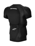 Alpinestars A-Impact Plasma Protection Jacket - Short Sleeve, Black, Rear view featuring integrated back protector, white Alpinestars branding, adjustable waist strap, and breathable mesh construction for MTB protection