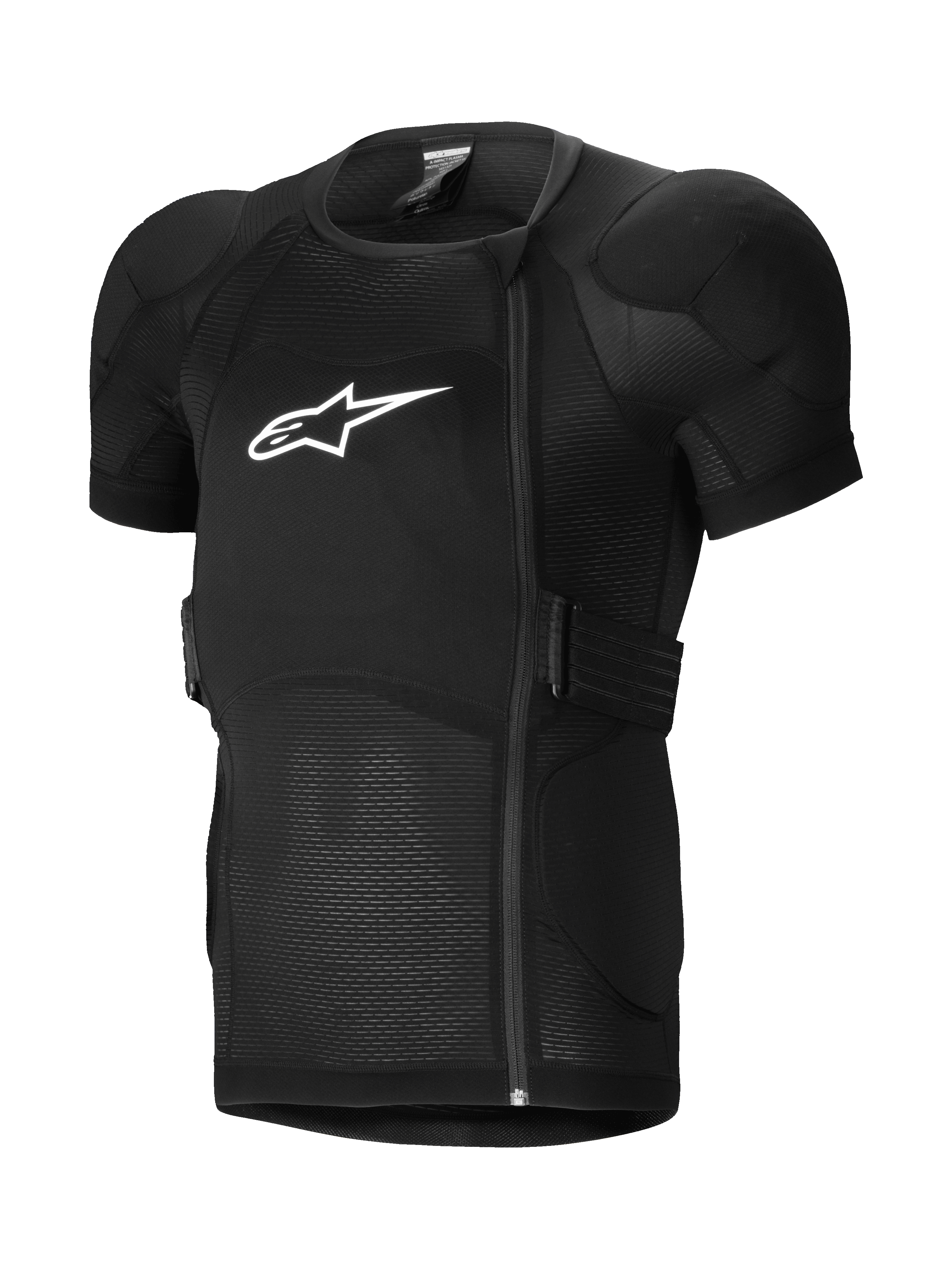 Alpinestars A-Impact Plasma Protection Jacket Short Sleeve, MTB Protection Jacket, Black, featuring padded shoulders and chest armor, offset side zipper, breathable ribbed mesh fabric, and white logo on the chest