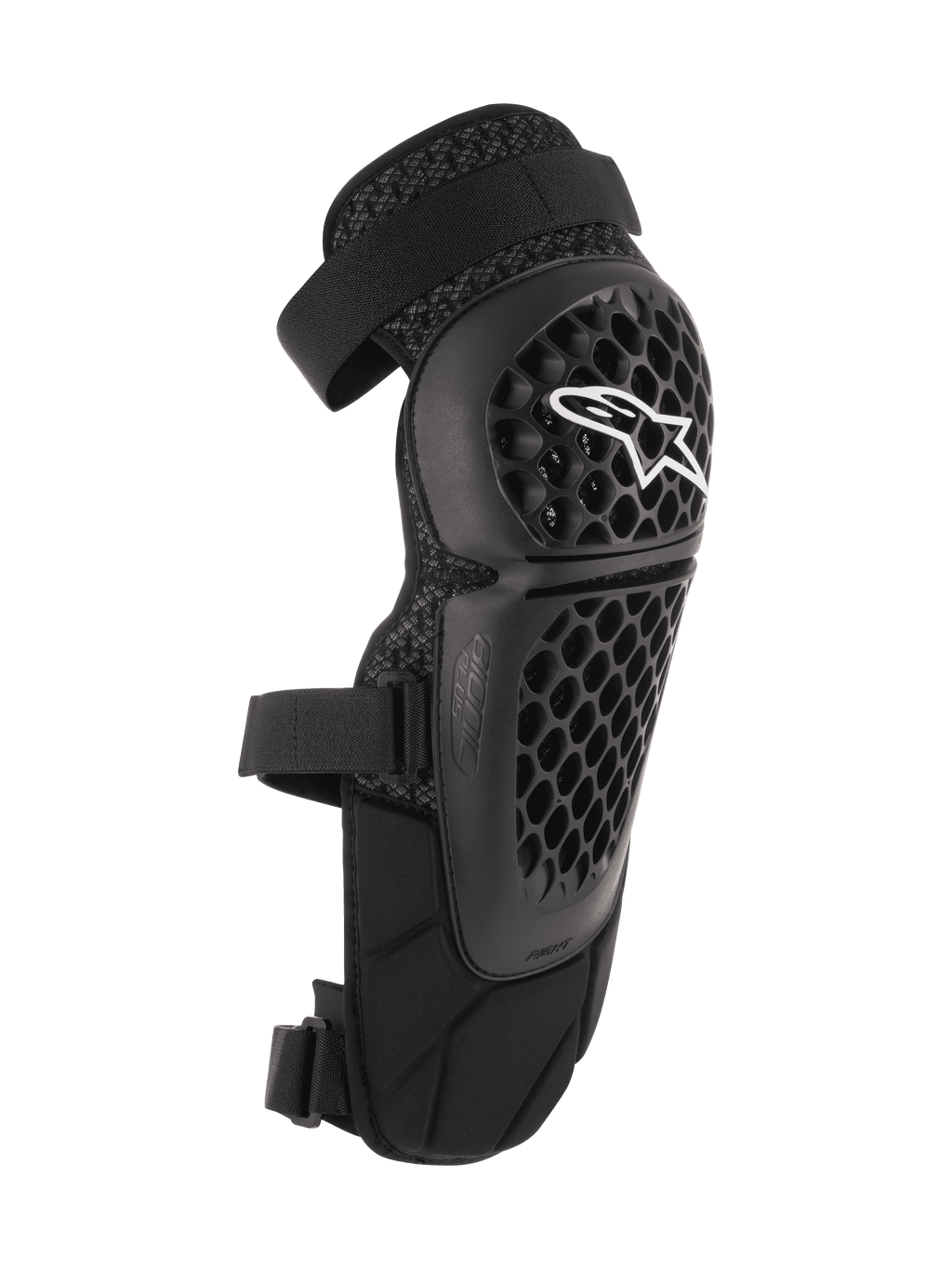 Alpinestars Bionic Plus Knie-/Schienbeinschützer, Schwarz, Offroad- und MTB-Schutz, perforierte Wabenstruktur-Schale mit weißem Alpinestars-Logo, zwei verstellbare Riemen, 3D-Mesh-Belüftung, ergonomisch geschwungenes Design