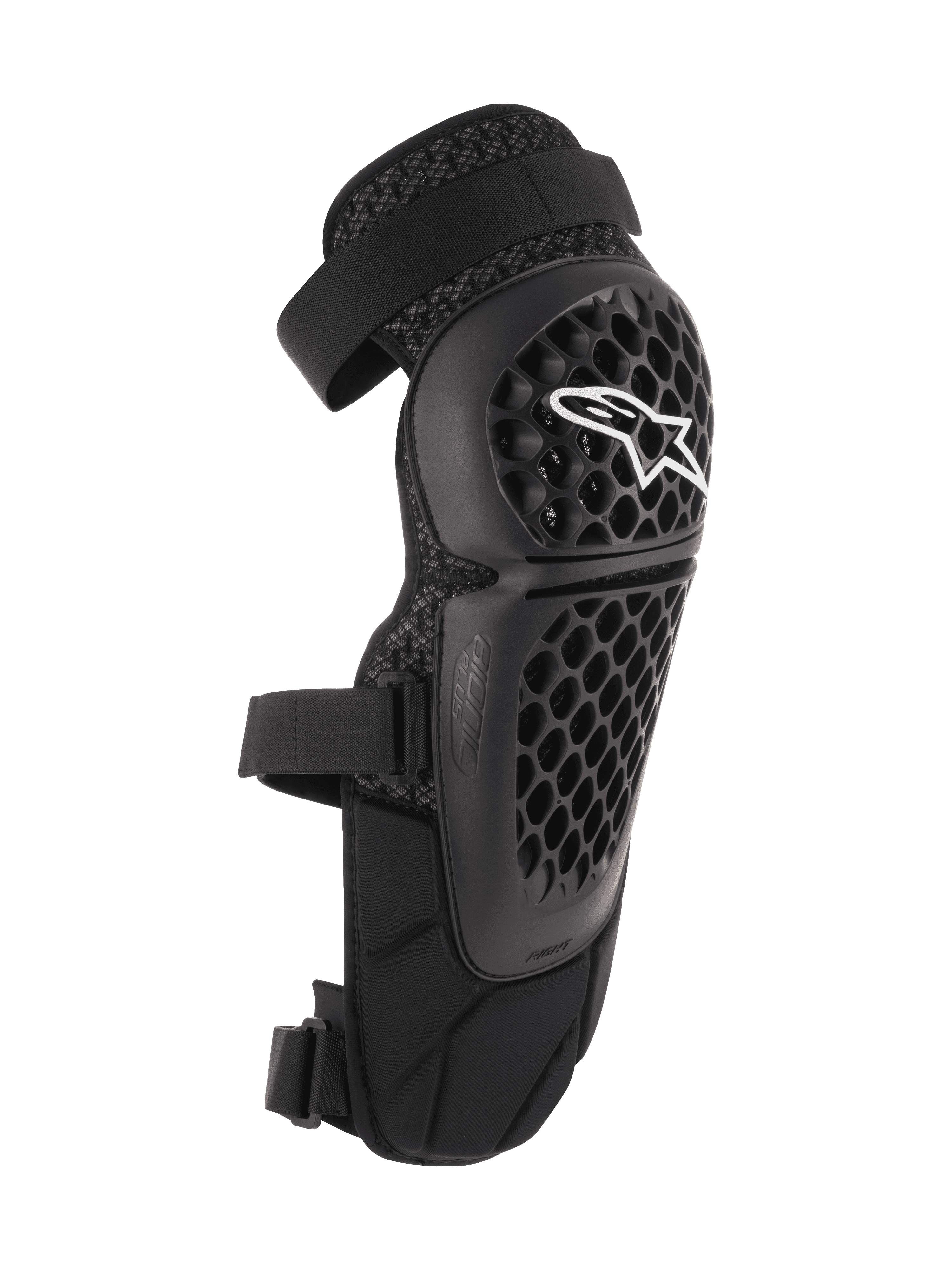 Alpinestars Bionic Plus Knie-/Schienbeinschützer, Schwarz, Offroad- und MTB-Schutz, perforierte Wabenstruktur-Schale mit weißem Alpinestars-Logo, zwei verstellbare Riemen, 3D-Mesh-Belüftung, ergonomisch geschwungenes Design