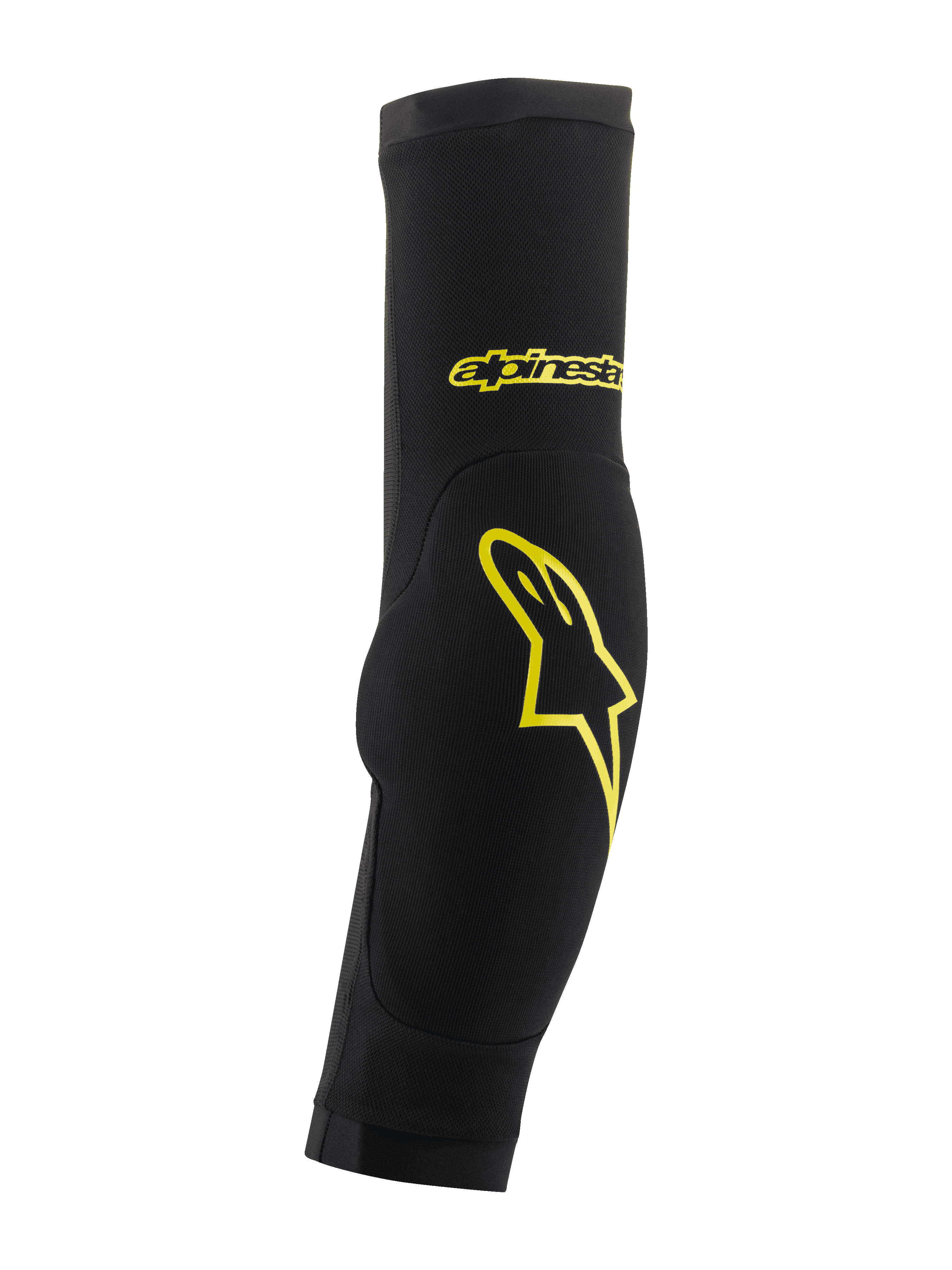 Alpinestars Paragon Plus Ellbogenprotektoren, Schwarz und Acid Yellow, Slip-on-Ärmeldesign mit integrierter Polsterung, mit gelbem Stern-Logo und Markenschriftzug, atmungsaktives Mesh für MTB-Schutz