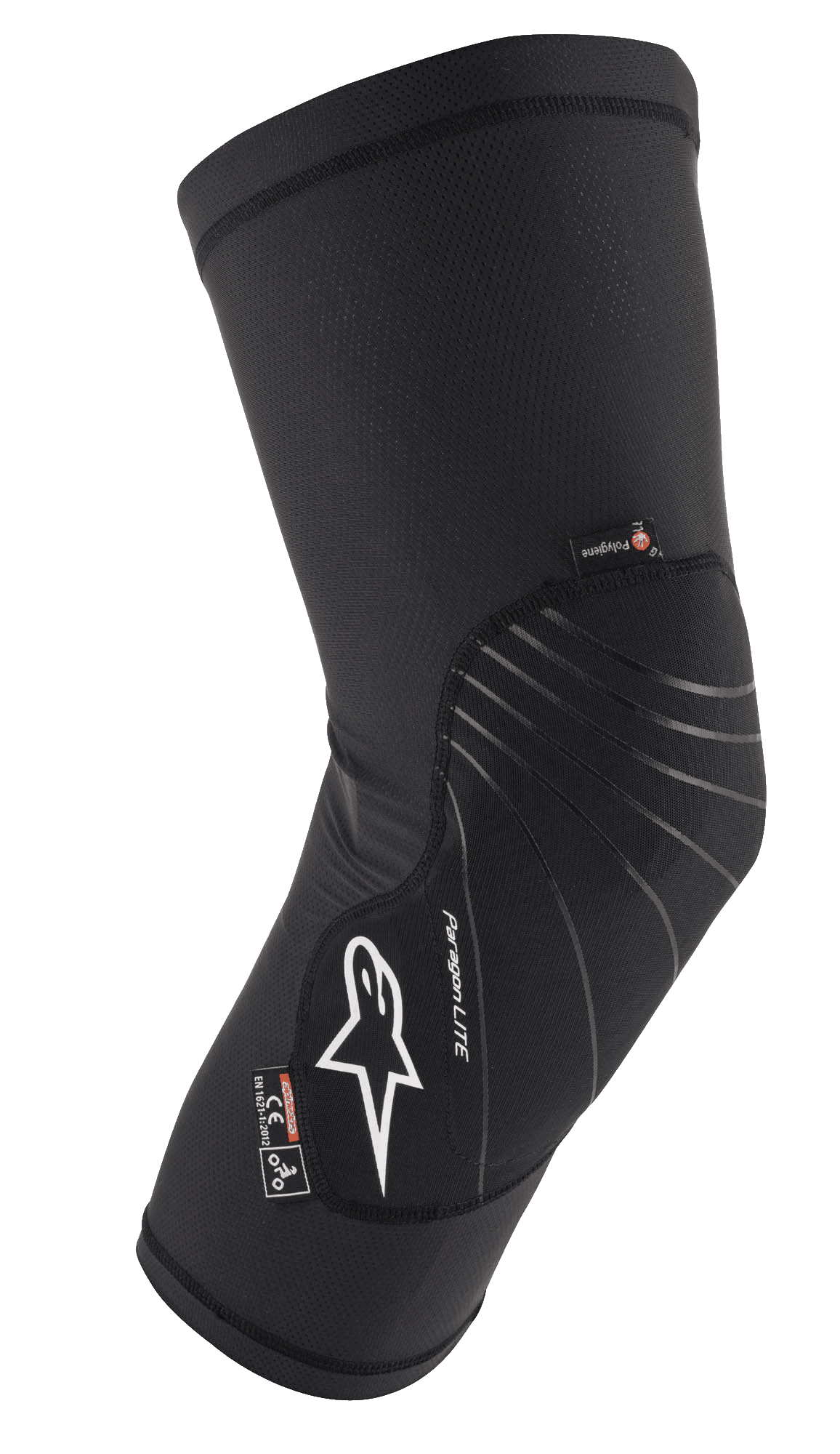 Alpinestars Paragon Lite Knieschützer, Schwarz, leichte Schutzausrüstung mit strukturierter Mesh-Konstruktion, weißes Logo, graue Designlinien, Slip-On-Design, mit CE Level 1- und Polygiene-Etiketten, entwickelt für MTB und Offroad-Radsport