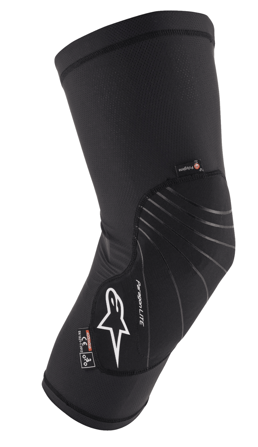 Alpinestars Paragon Lite Knieschützer, Schwarz, leichte Schutzausrüstung mit strukturierter Mesh-Konstruktion, weißes Logo, graue Designlinien, Slip-On-Design, mit CE Level 1- und Polygiene-Etiketten, entwickelt für MTB und Offroad-Radsport