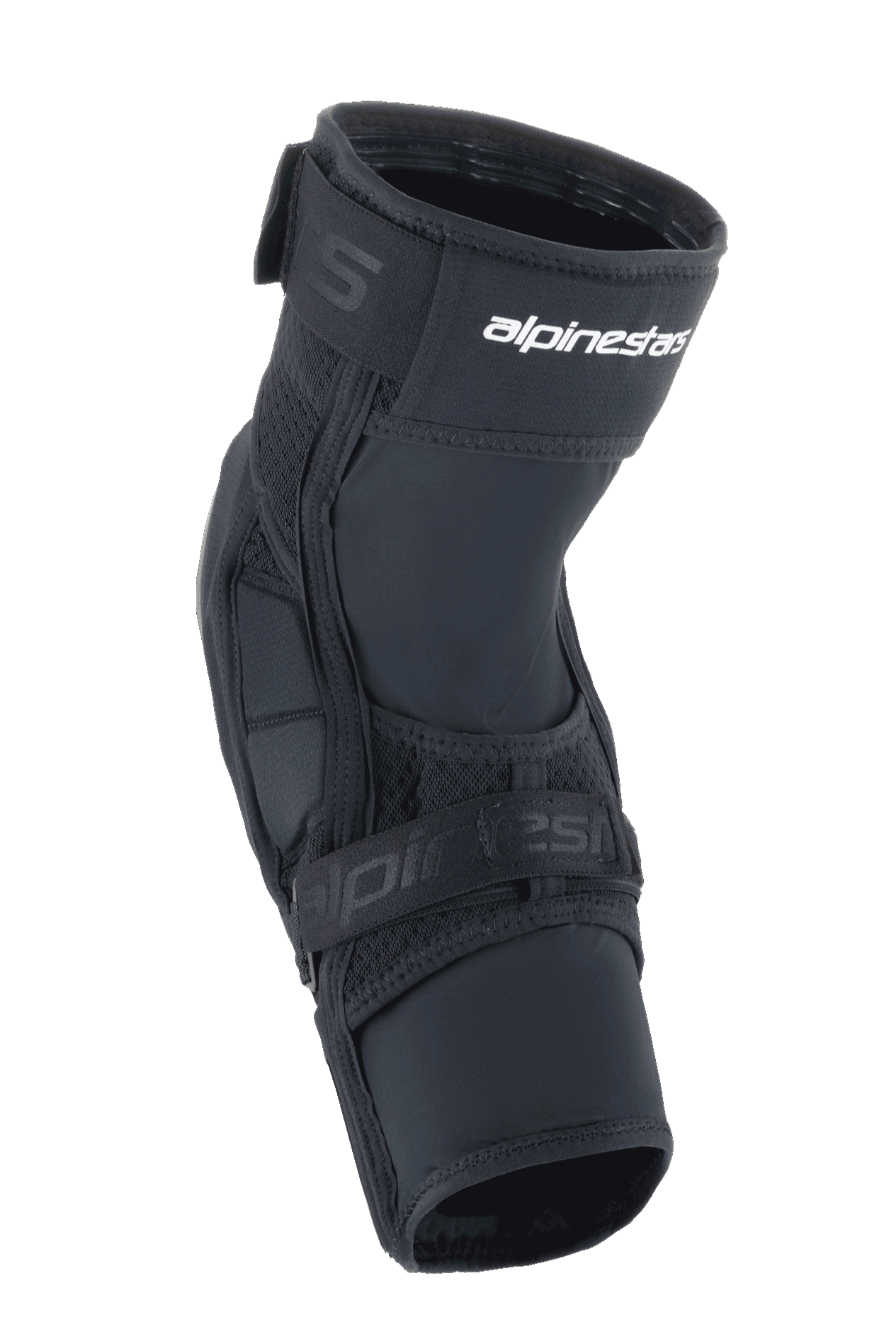 Alpinestars A-Impact Plasma Elite Shield Knieprotektoren, MTB-Schutzausrüstung, Schwarz mit weißem Logo, mit vorgeformtem ergonomischem Design, Doppel-Gurtverschlusssystem und atmungsaktiven Mesh-Einsätzen für Mountainbiking.