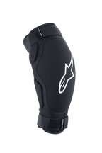 Alpinestars A-Impact Plasma Pro Elbow Protector, MTB Protective Gear, Black with white logo, featuring dual adjustable Velcro straps and an ergonomic pre-curved design