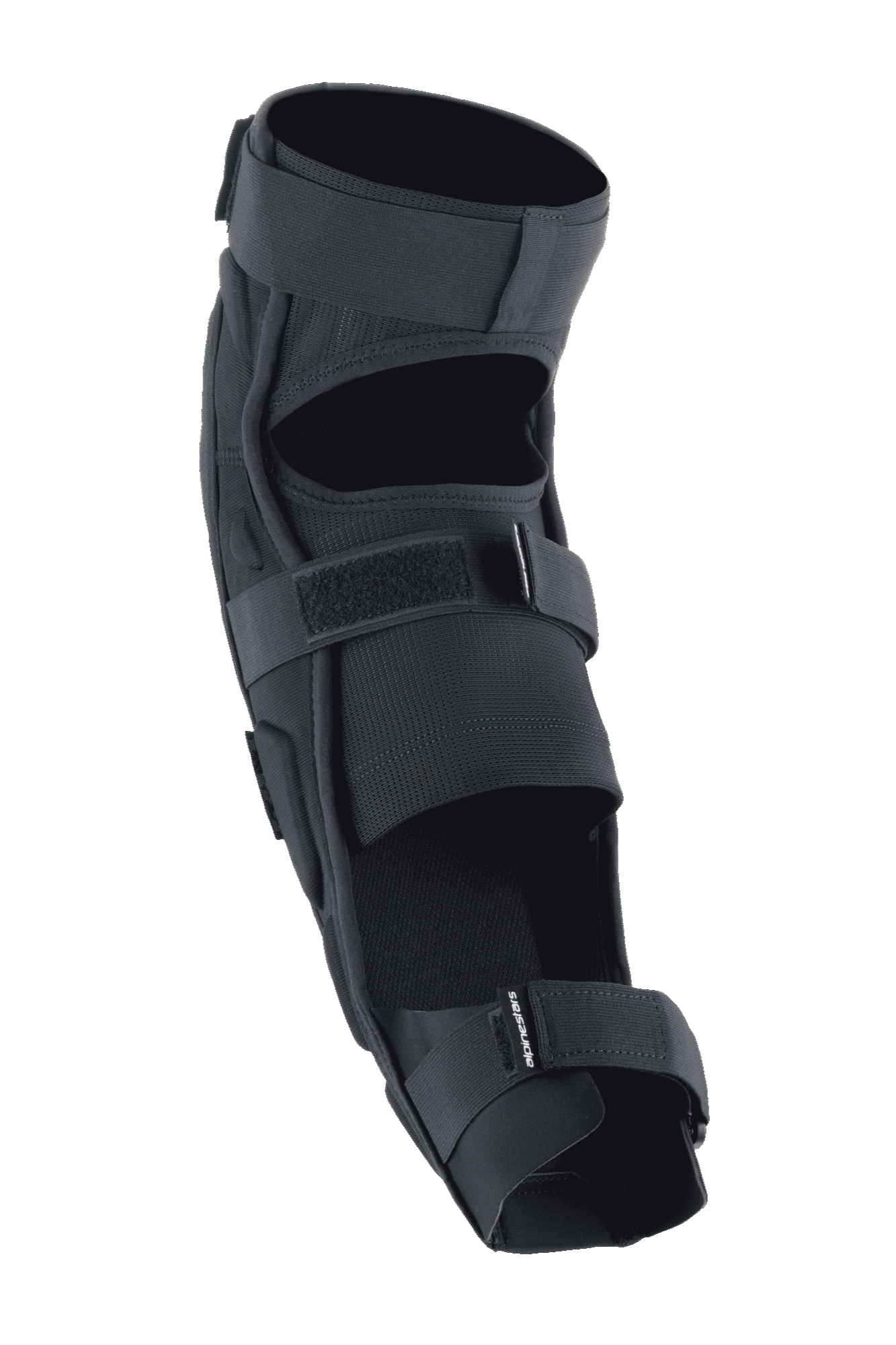 Alpinestars A-Impact Plasma Pro Knie-Schienbein-Protektor, Schwarz, Rückansicht mit Dreifach-Riemen-Verschlusssystem, atmungsaktiven Mesh-Einsätzen und ergonomisch vorgeformtem Design für Schutz beim Offroad-Radfahren