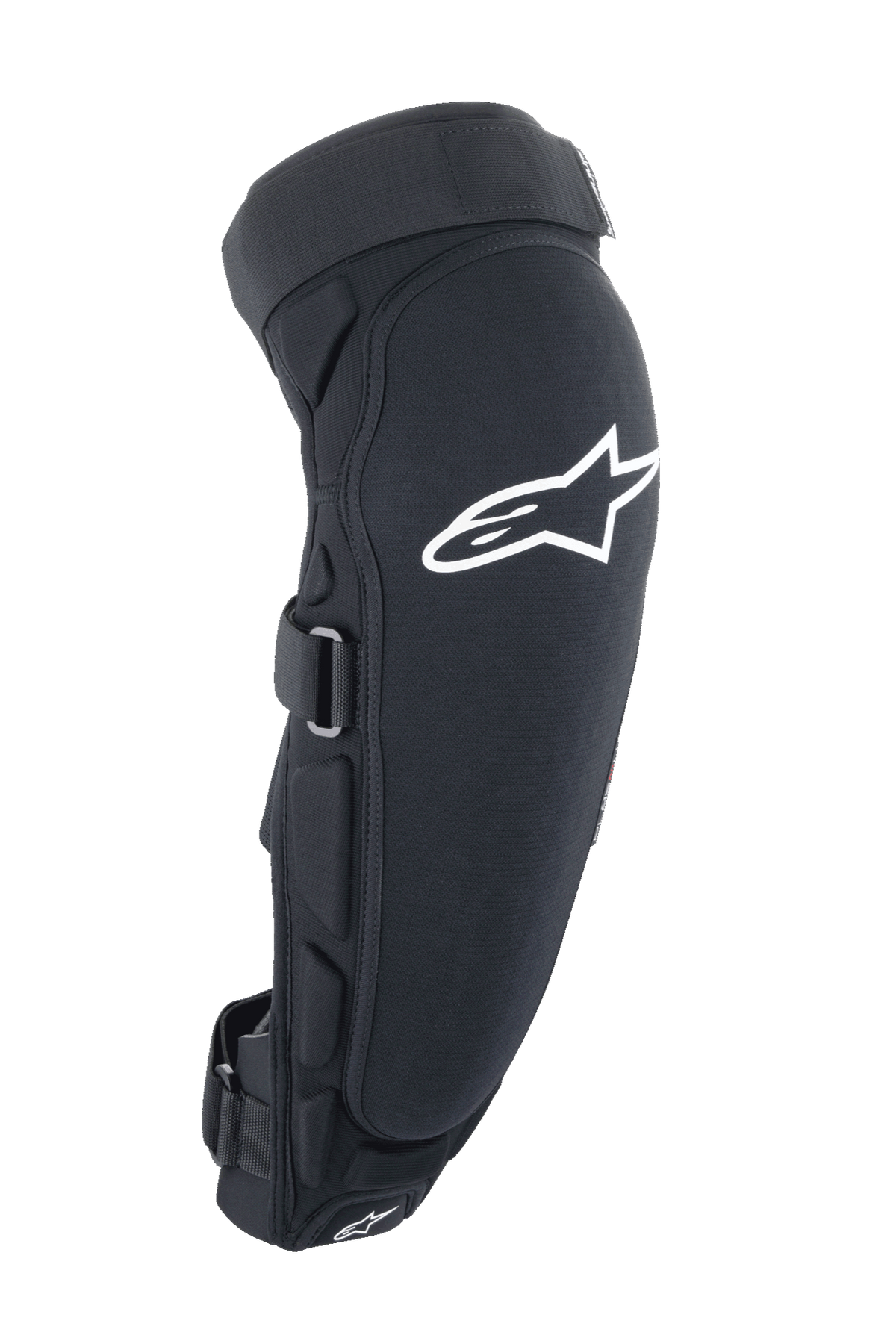 Alpinestars A-Impact Plasma Pro Knie-Schienbein-Protektor, Schwarz und Weiß, Seitenansicht mit großem weißem Astar-Logo, seitlicher Polsterung und sicherem Riemen-Verschlusssystem, Offroad-Fahrradschutz