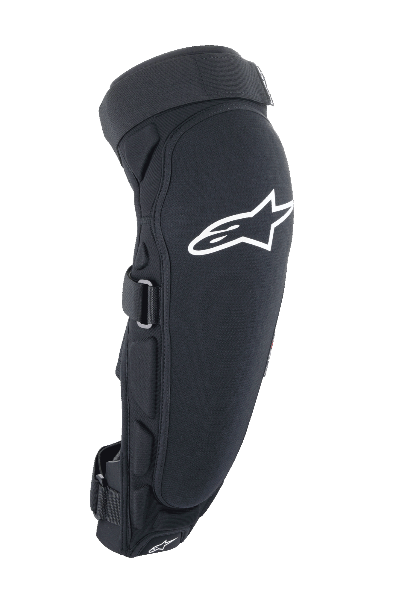 Alpinestars A-Impact Plasma Pro Knie-Schienbein-Protektor, Schwarz und Weiß, Seitenansicht mit großem weißem Astar-Logo, seitlicher Polsterung und sicherem Riemen-Verschlusssystem, Offroad-Fahrradschutz