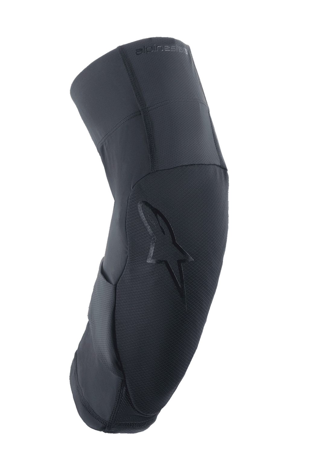 Alpinestars A-Motion Plasma Pro Knieschützer, Schwarz, Seitenprofil mit ergonomisch geschwungenem Design, strukturierte Frontpartie mit tonalem Stern-Logo, atmungsaktives Stretch-Mesh und Ripstop-Gewebe, leichter Schutz für MTB und Trail-Fahrten
