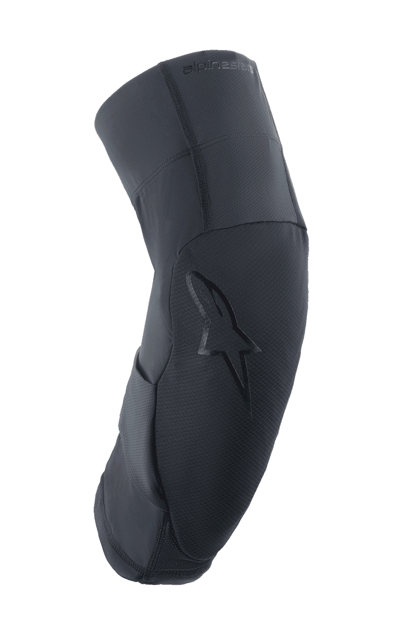 Alpinestars A-Motion Plasma Pro Knieschützer, Schwarz, Seitenprofil mit ergonomisch geschwungenem Design, strukturierte Frontpartie mit tonalem Stern-Logo, atmungsaktives Stretch-Mesh und Ripstop-Gewebe, leichter Schutz für MTB und Trail-Fahrten
