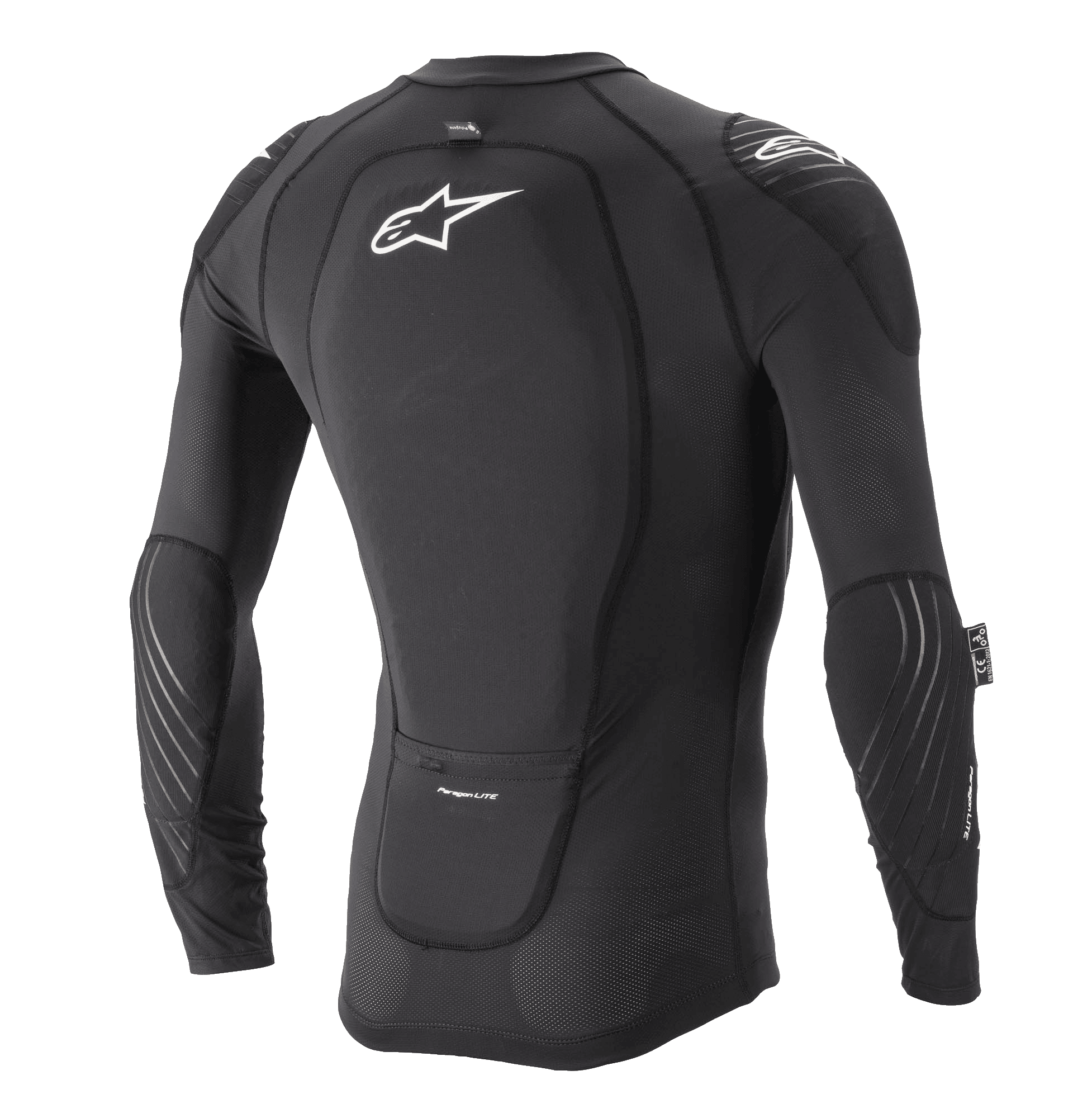 Alpinestars Paragon Lite Protection Jacket - Long Sleeve, Black, Rear view featuring integrated back protector with white Astar logo, breathable mesh construction with elbow and shoulder protection, lightweight MTB body armor.