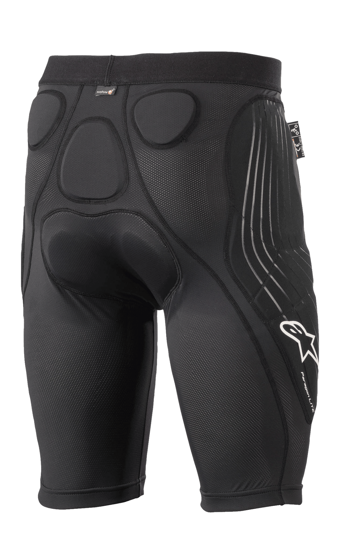 Alpinestars Paragon Lite Protektorenshorts, Schwarz, Rückansicht mit integrierter Memory-Schaumstoffpolsterung für Hüft- und Steißbeinschutz, atmungsaktives Mesh-Design, weißes Alpinestars-Logo und Paragon Lite-Branding am Bein, leichte Radsport-Schutzausrüstung