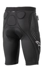 Alpinestars Paragon Lite Protektorenshorts, Schwarz, Rückansicht mit integrierter Memory-Schaumstoffpolsterung für Hüft- und Steißbeinschutz, atmungsaktives Mesh-Design, weißes Alpinestars-Logo und Paragon Lite-Branding am Bein, leichte Radsport-Schutzausrüstung