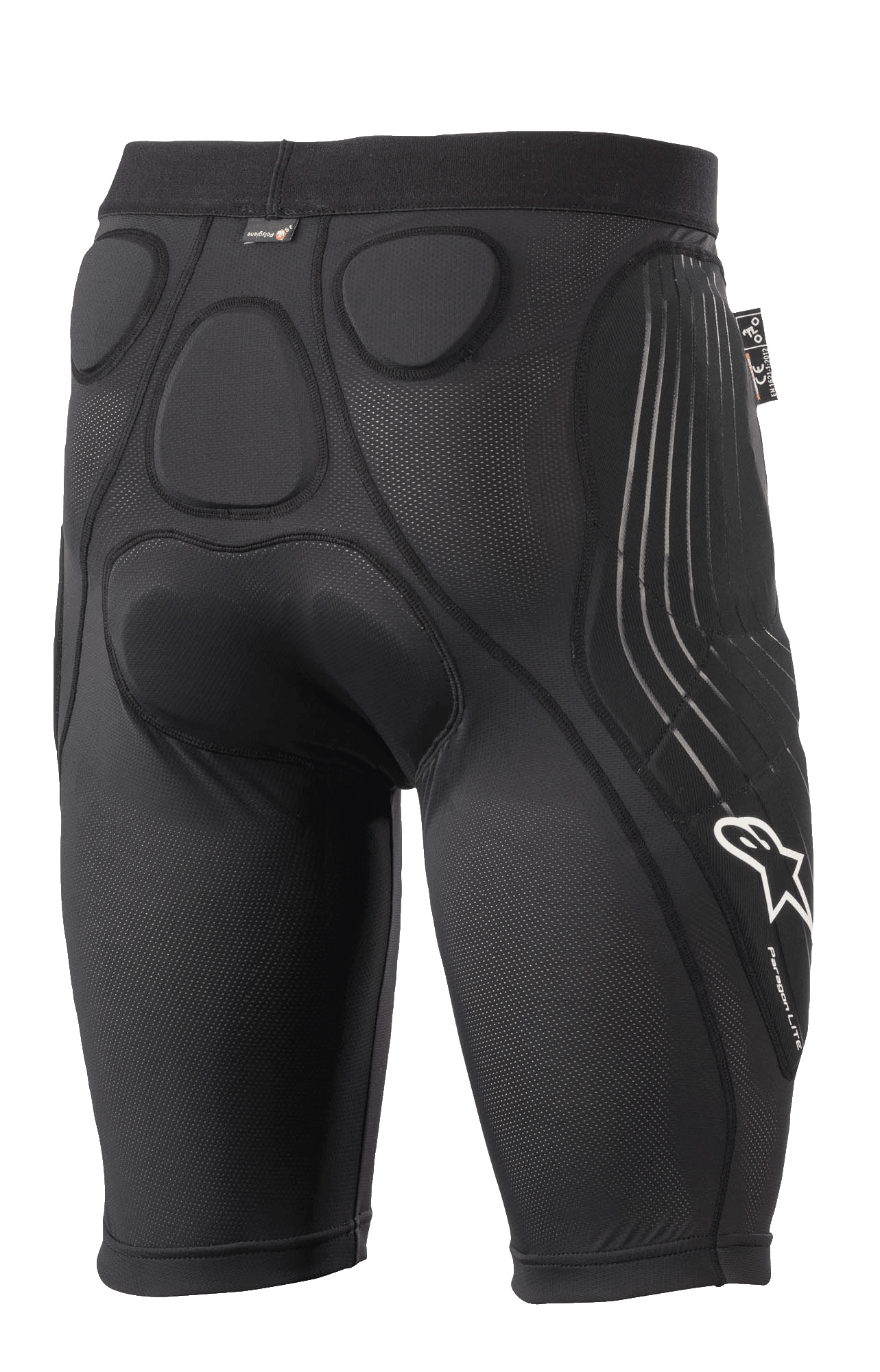 Alpinestars Paragon Lite Protektorenshorts, Schwarz, Rückansicht mit integrierter Memory-Schaumstoffpolsterung für Hüft- und Steißbeinschutz, atmungsaktives Mesh-Design, weißes Alpinestars-Logo und Paragon Lite-Branding am Bein, leichte Radsport-Schutzausrüstung