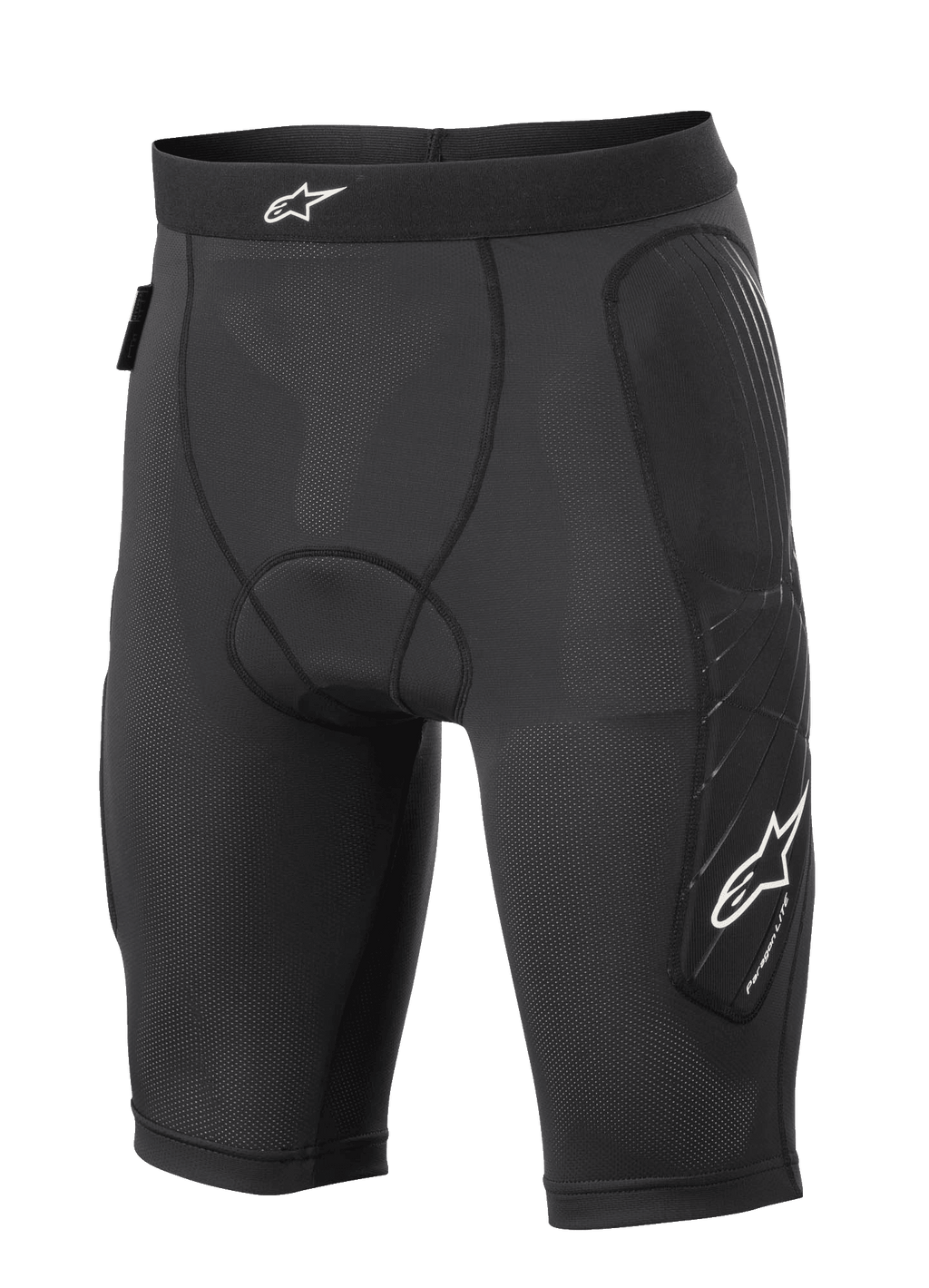 Alpinestars Paragon Lite Protection Shorts, MTB-Schutzshorts, Schwarz, leichte, atmungsaktive Mesh-Konstruktion mit perforiertem Gewebe, Polsterung an Hüfte und Beinseiten, weißes Stern-Logo am Bund und am Bein, Kompressionspassform für den Offroad-Radsport