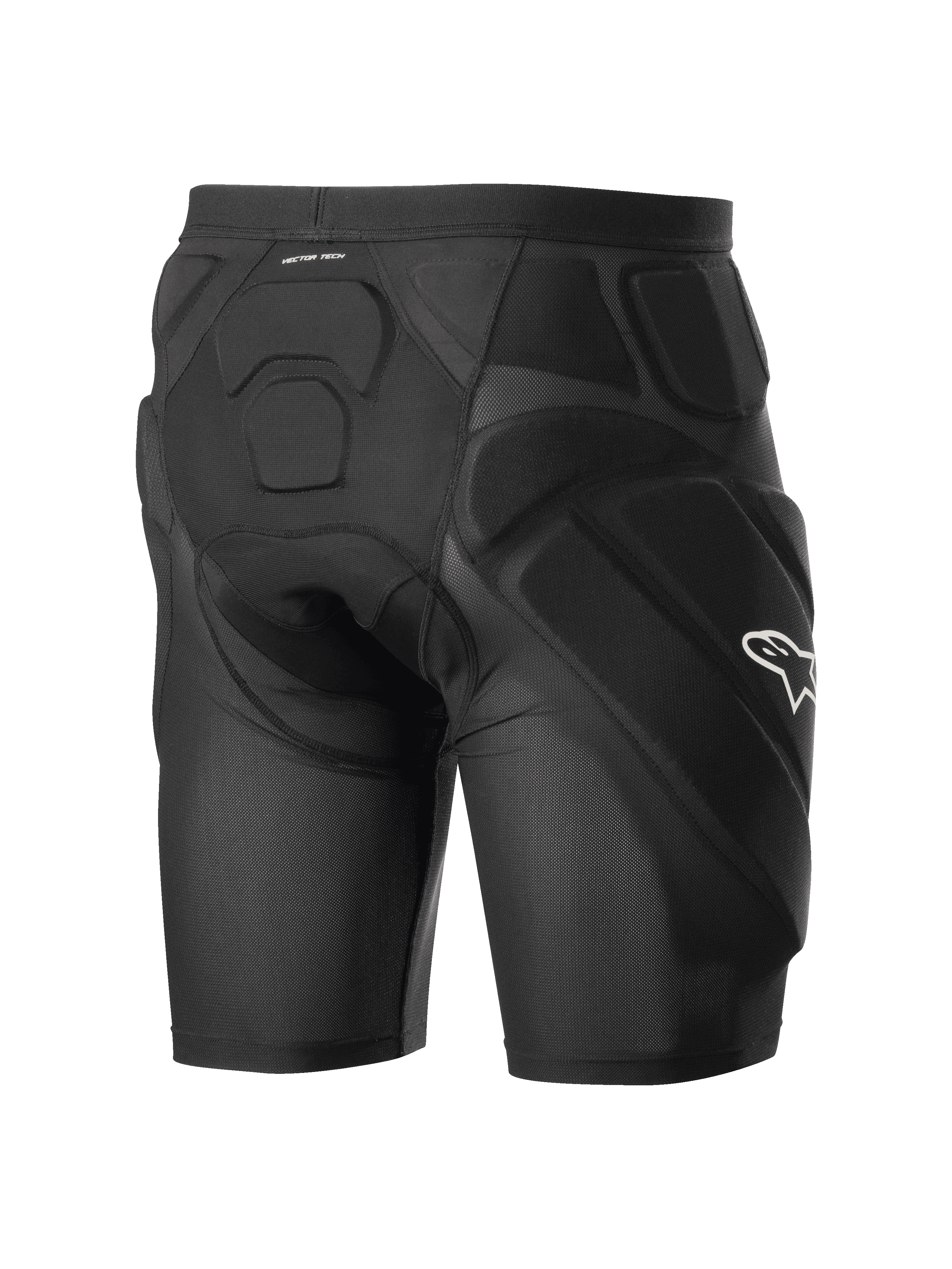 Alpinestars Vector Tech Shorts, schwarze Radsport-Protektorenshorts, integrierte EVA-Memory-Schaum-Polsterung an Hüften und Rücken, atmungsaktive Stretch-Mesh-Konstruktion, weißes Alpinestars-Logo an der Seite