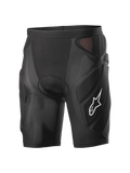Alpinestars Vector Tech Shorts, schwarze Radsport-Protektorenshorts, gepolstertes Kompressionsdesign mit roten Mesh-Einsätzen, weißes Stern-Logo am Oberschenkel, leichtes Stretch-Mesh mit EVA-Schaumstoffschutz, MTB- und Downhill-Ausrüstung