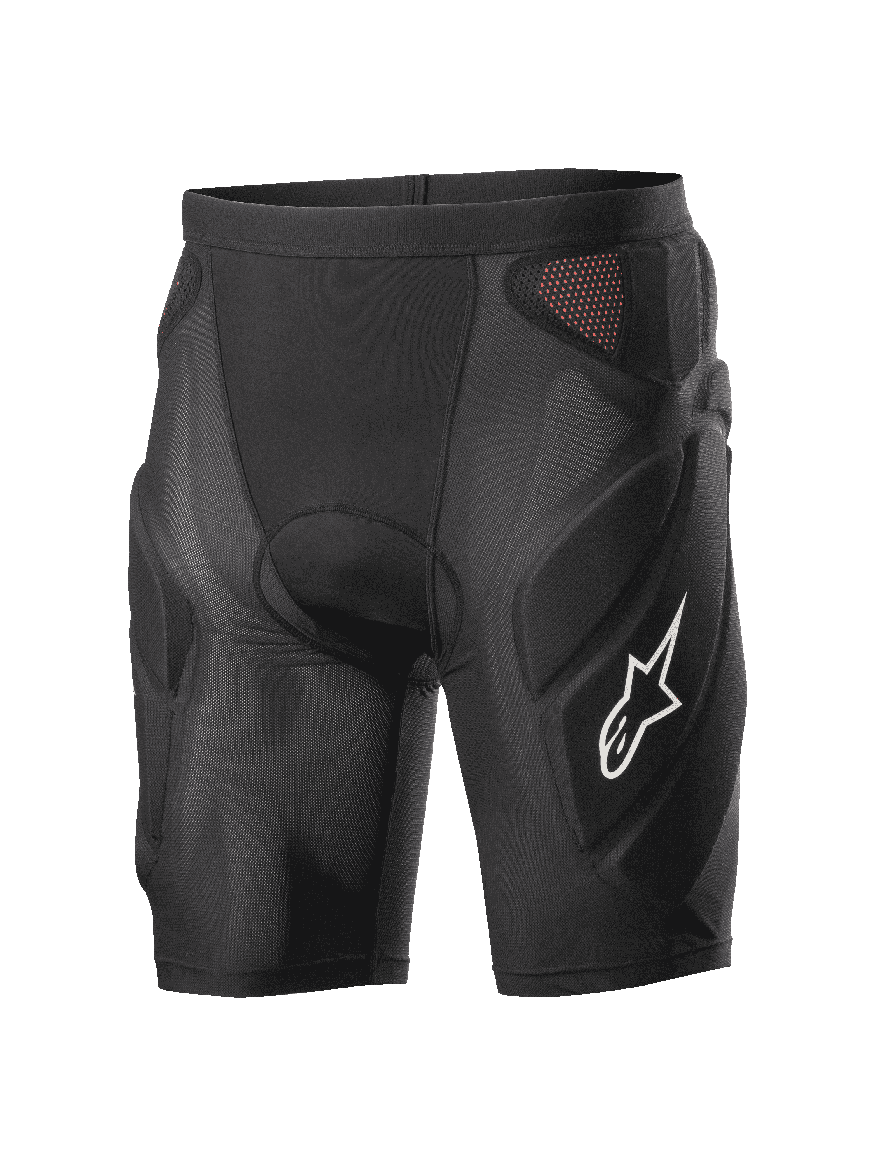 Alpinestars Vector Tech Shorts, schwarze Radsport-Protektorenshorts, gepolstertes Kompressionsdesign mit roten Mesh-Einsätzen, weißes Stern-Logo am Oberschenkel, leichtes Stretch-Mesh mit EVA-Schaumstoffschutz, MTB- und Downhill-Ausrüstung