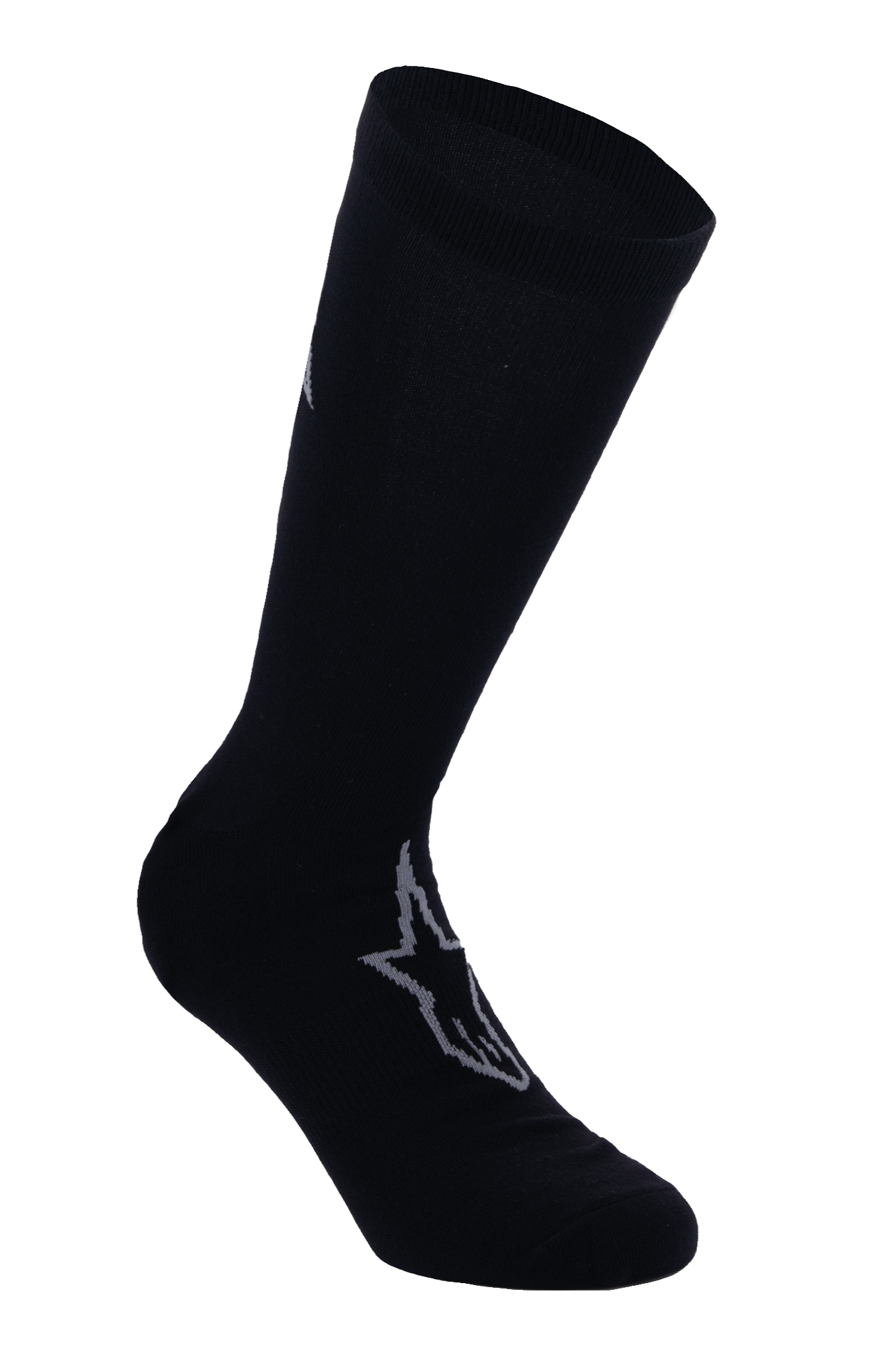 Alpinestars A-Dura Thermal Socks, Black cycling socks with gray Astars logo, mid-calf length with ribbed cuff, smooth thermal stretch fabric for winter mountain bike riding