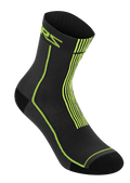 Alpinestars Summer Socks 15, Schwarz und Acid Yellow, leichte gerippte Radsocken, mit neongelbem ASTARS-Branding und vertikalen Streifen an der Ferse, atmungsaktive Mesh-Konstruktion für MTB-Fahrten bei heißem Wetter