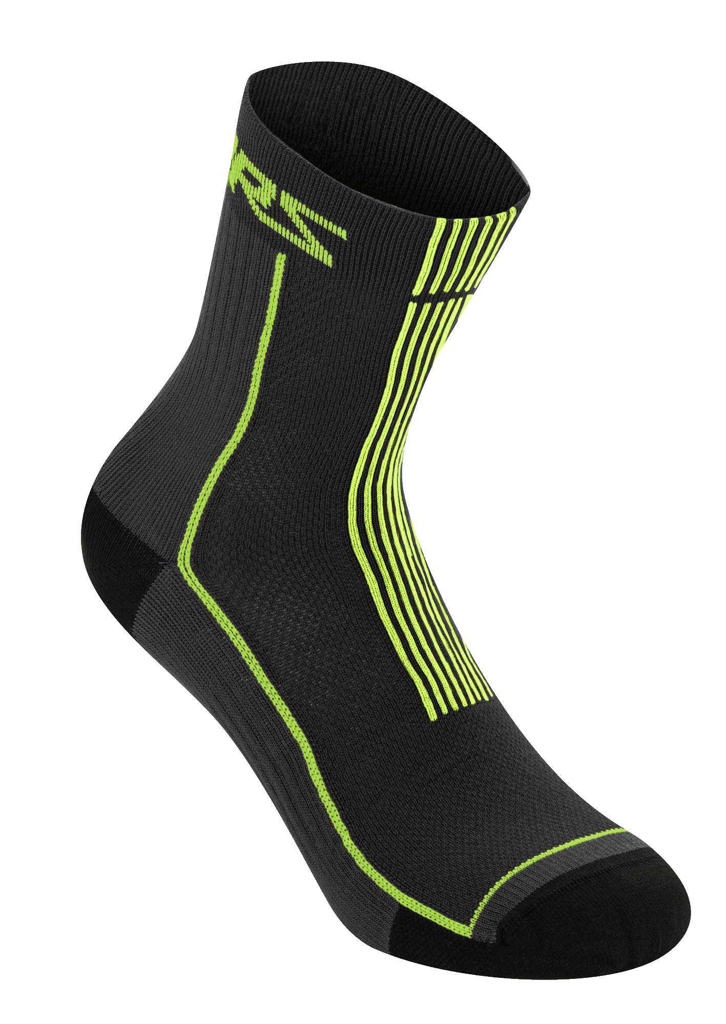 Alpinestars Summer Socks 15, Schwarz und Acid Yellow, leichte gerippte Radsocken, mit neongelbem ASTARS-Branding und vertikalen Streifen an der Ferse, atmungsaktive Mesh-Konstruktion für MTB-Fahrten bei heißem Wetter