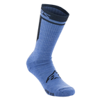 Alpinestars Merino Socken 24, Radsocken, Blau-Schwarz, technische Merinowollkonstruktion mit schwarzem Alpinestars-Logo auf dem Spann, wadenlang mit dunklem Rippbündchen und Branding.