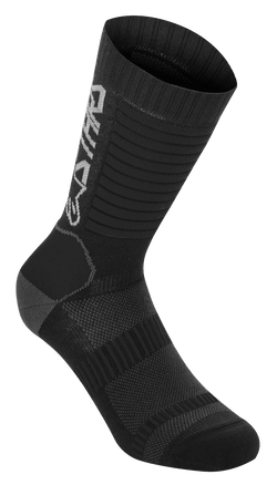 Alpinestars Paragon Lite Socks 19, Mountain Bike Socks, Black, technical mesh construction, vertical Alpinestars branding, ribbed texture for stretch, reinforced heel and toe, lightweight breathable fabric for off-road cycling