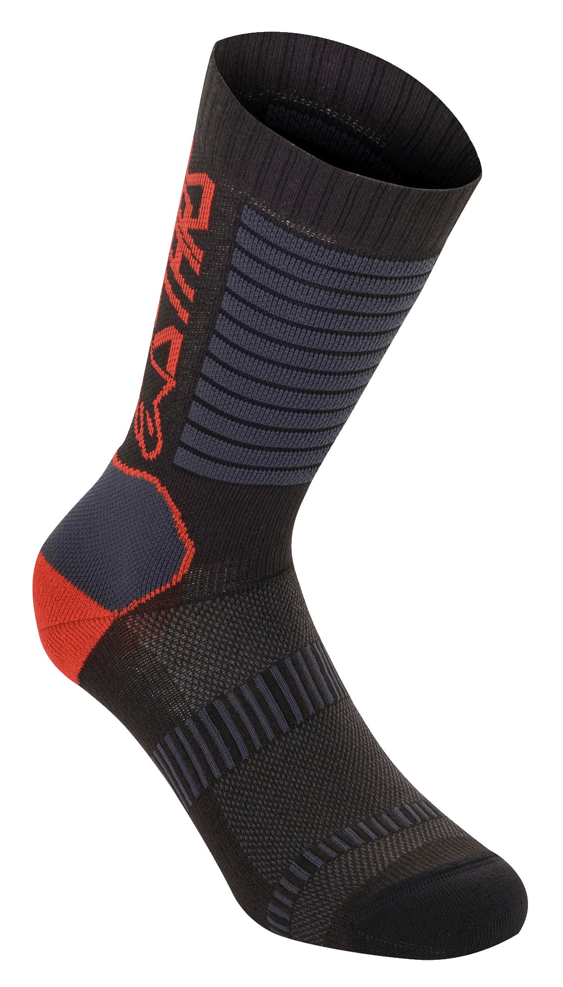 Alpinestars Paragon Lite Socken 19, Technische Radsocken, Schwarz mit hellroten und grauen Akzenten, 19 cm Wadenhöhe, atmungsaktive Mesh-Einsätze, gerippte Textur für Dehnbarkeit, verstärkte Ferse