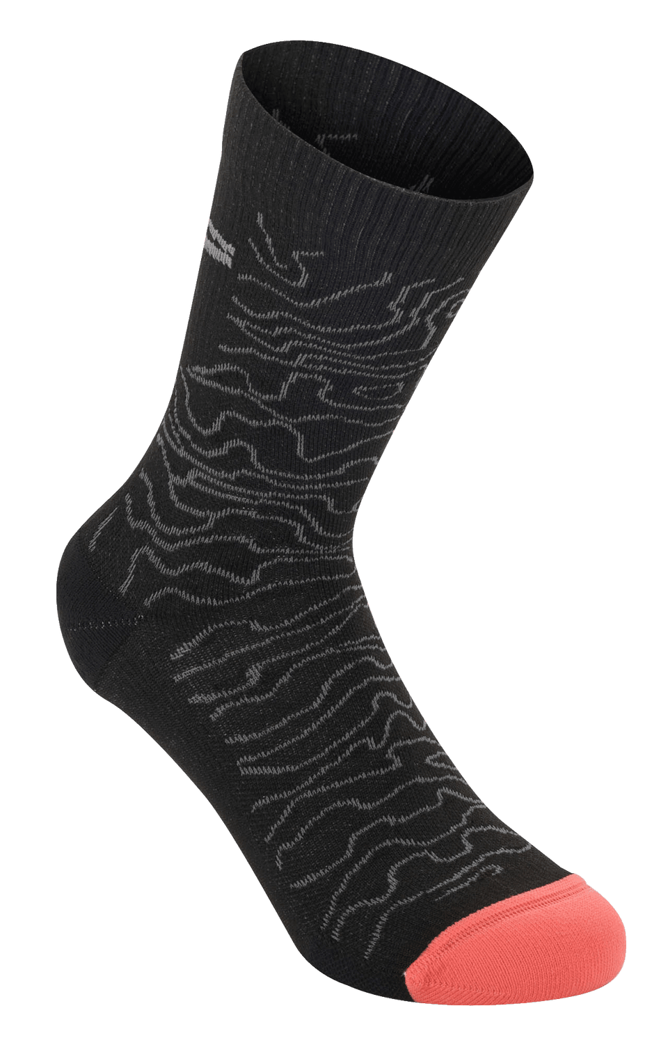 Alpinestars Drop Socks 15, Performance-Fahrradsocken, Schwarz und Mittelgrau mit korallenorangefarbenem Zehenbereich, topografisches Wellenmuster und geripptes Bündchen, leichtes Mesh-Design für MTB- und Offroad-Fahrten