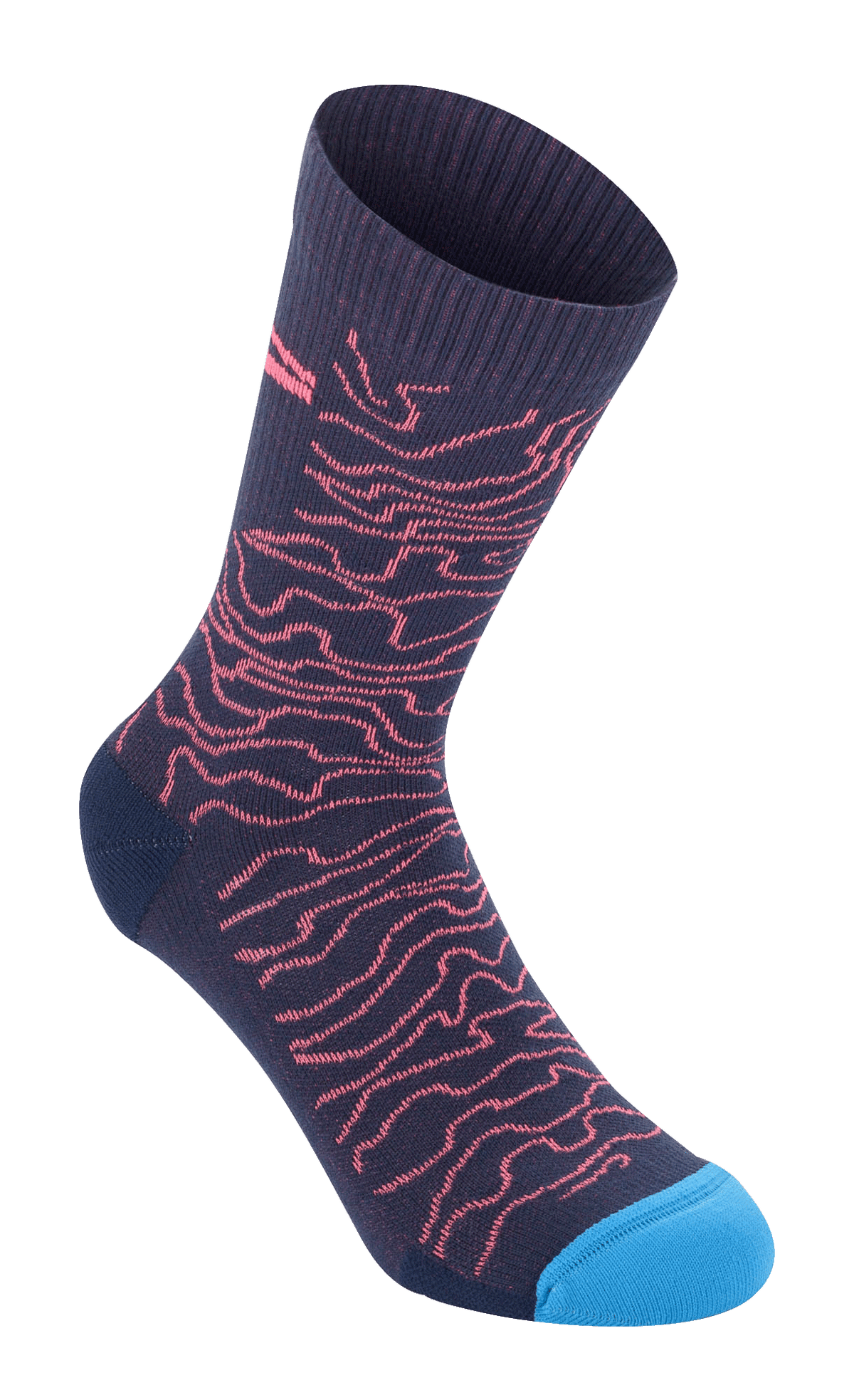 Alpinestars Drop Socken 15, Performance-Fahrradsocken, Dunkelblau mit korallenfarbenem Wellenmuster und hellblauer Zehenpartie, gerippte Textur am Abschluss, wadenhoch