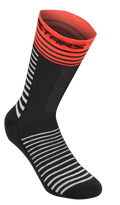 Alpinestars Drop Socks 19, MTB Cycling Socks, Black with White Horizontal Stripes, Bright Red Ribbed Cuff with Black Logo, Lightweight Mesh Construction, 19cm Length