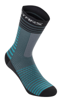 Alpinestars Drop Socks 19, Cycling Socks, Atlantic Ceramic and Gray, horizontal teal and black stripe design, breathable mesh construction, mid-calf length, performance gear for mountain biking
