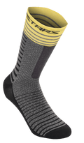 Alpinestars Drop Socks 19, Cycling Socks, Mid Gray and Yellow, featuring a yellow ribbed cuff with stripes, gray textured body with black horizontal patterns, black reinforced heel and toe, breathable performance MTB gear