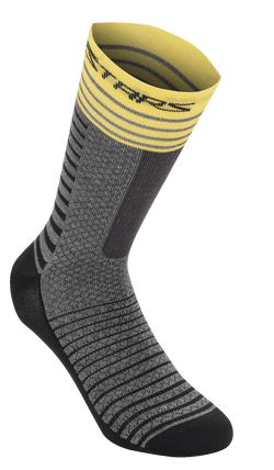 Alpinestars Drop Socks 19, Cycling Socks, Mid Gray and Yellow, featuring a yellow ribbed cuff with stripes, gray textured body with black horizontal patterns, black reinforced heel and toe, breathable performance MTB gear