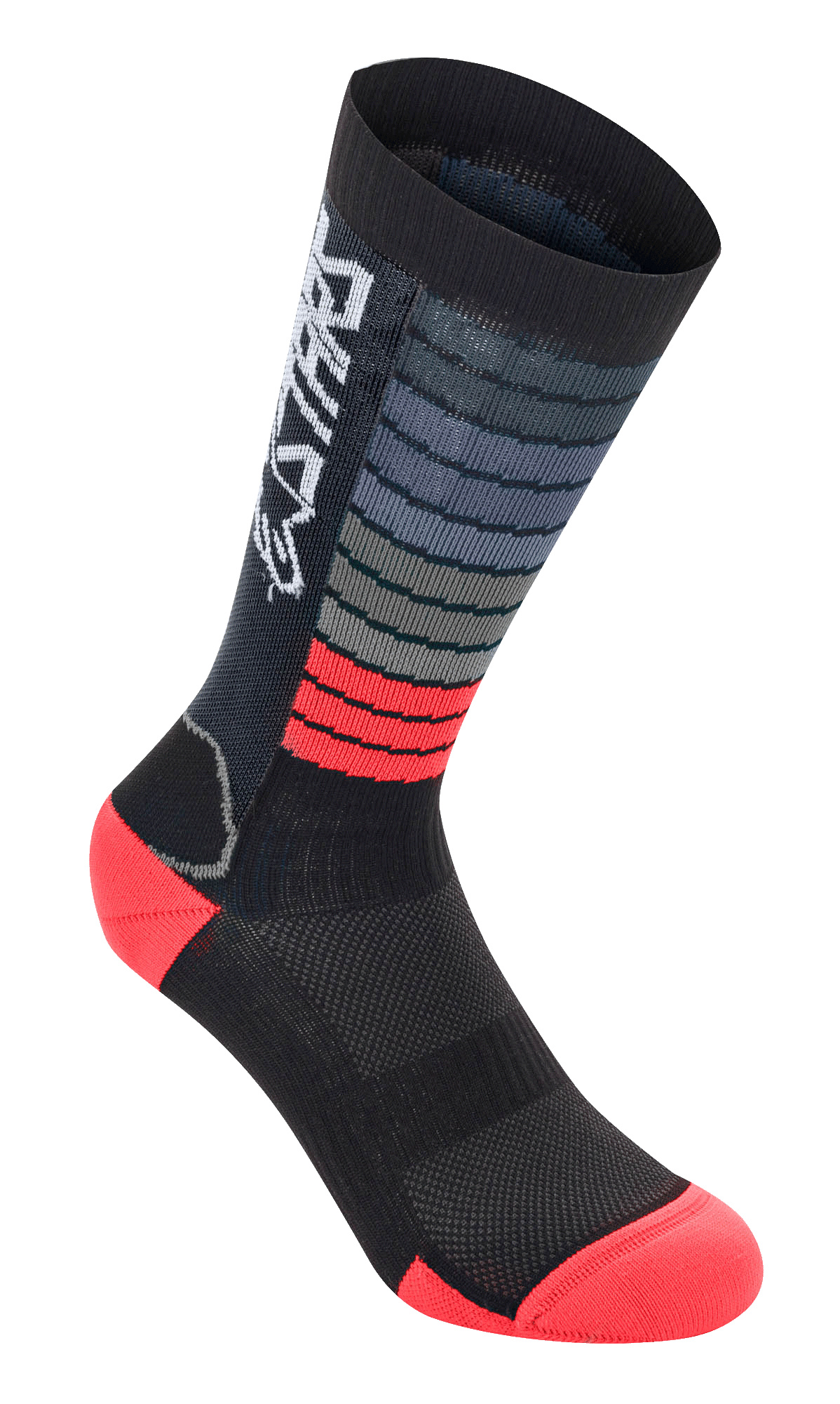 Alpinestars Drop Socks, Performance-Fahrradsocken, Schwarz und Bright Red, mit horizontalen grauen und roten Streifen, weißem Astars-Logo am Bündchen, verstärkter Fersen- und Zehenpartie, Mesh-Konstruktion für MTB-Ausrüstung