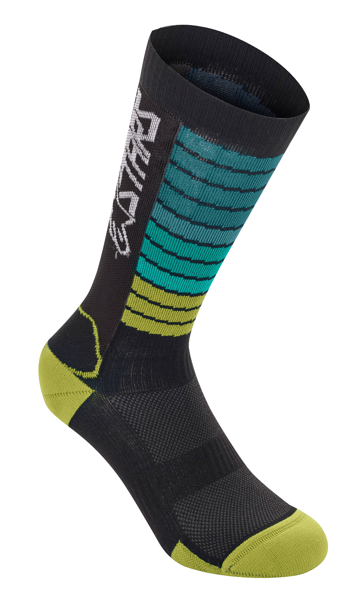 Alpinestars Drop Socken, Mountainbike MTB-Socken, Schwarz mit blaugrünen und lindgrünen Verlaufsstreifen, gelb-grüner Zehen- und Fersenbereich, mit weißem Astars-Branding und atmungsaktiver Mesh-Struktur