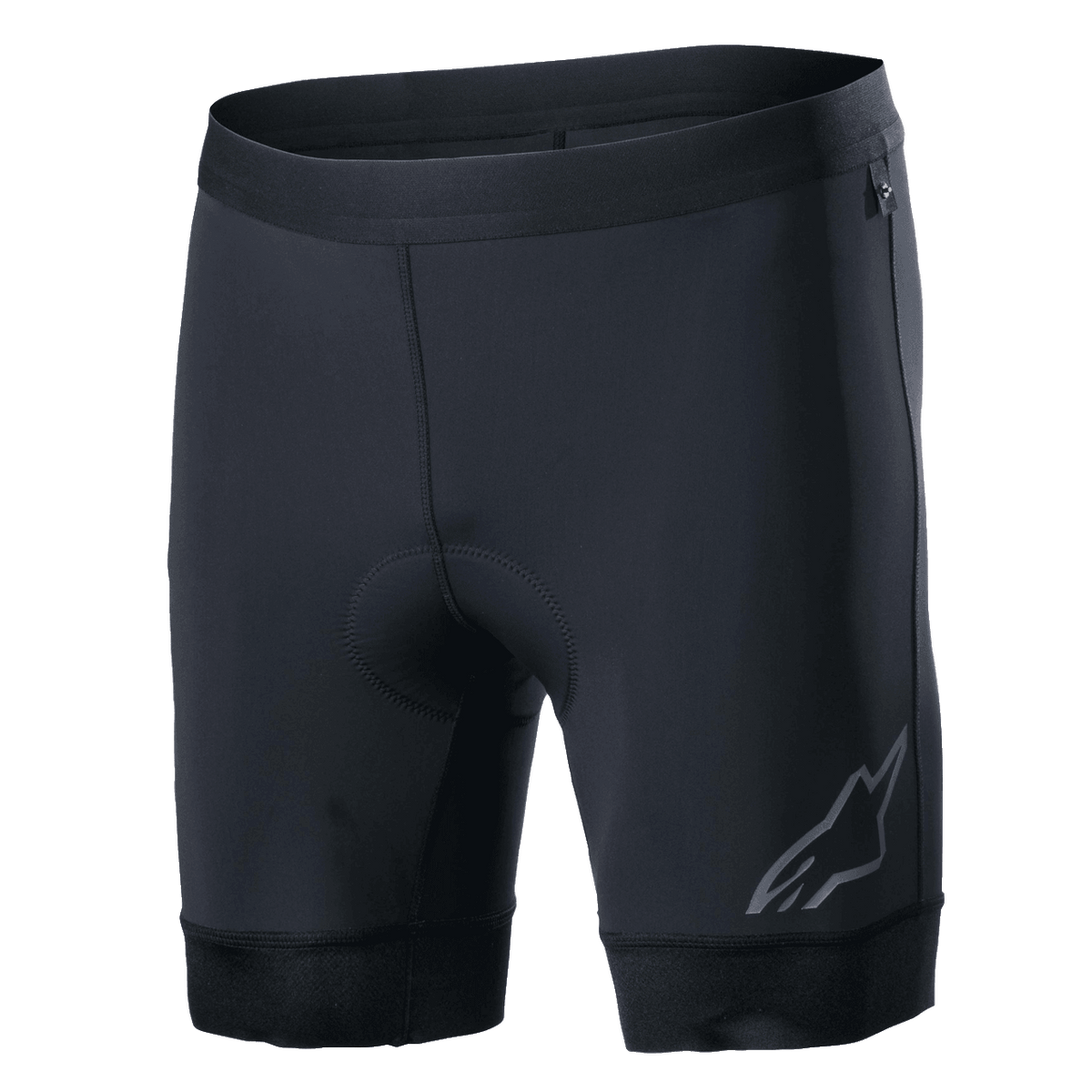 Alpinestars Alps Inner Shorts, Black cycling liner shorts with integrated padded seat area, elastic waistband, reflective Astars logo on the lower left leg, stretchy synthetic fabric for performance and moisture-wicking comfort