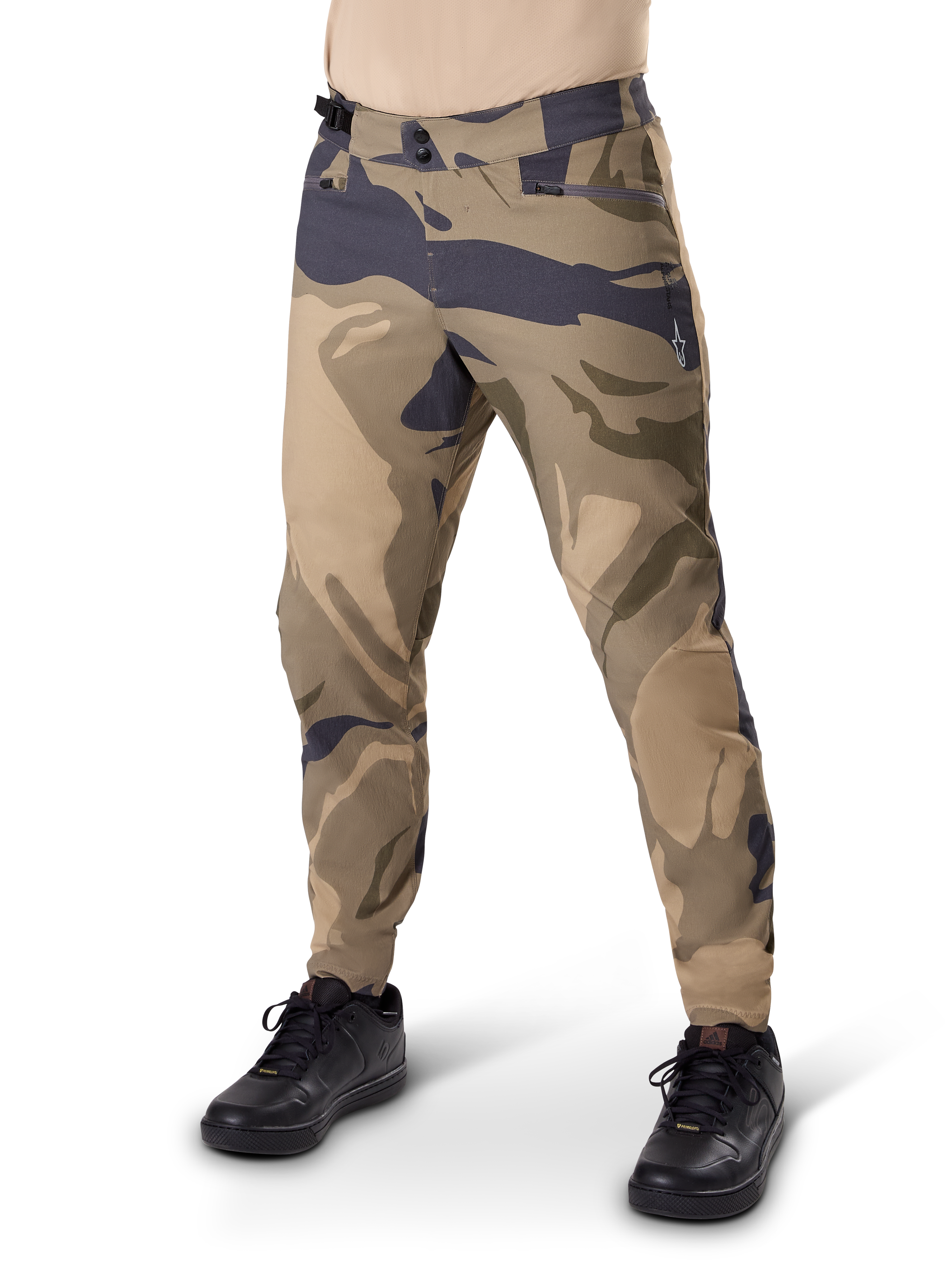 Alpinestars A-Dura Camo Pant, MTB Cycling Pants, Brown Camo, features double snap closure and zippered pockets, regular fit for off-road mountain biking, worn with black shoes