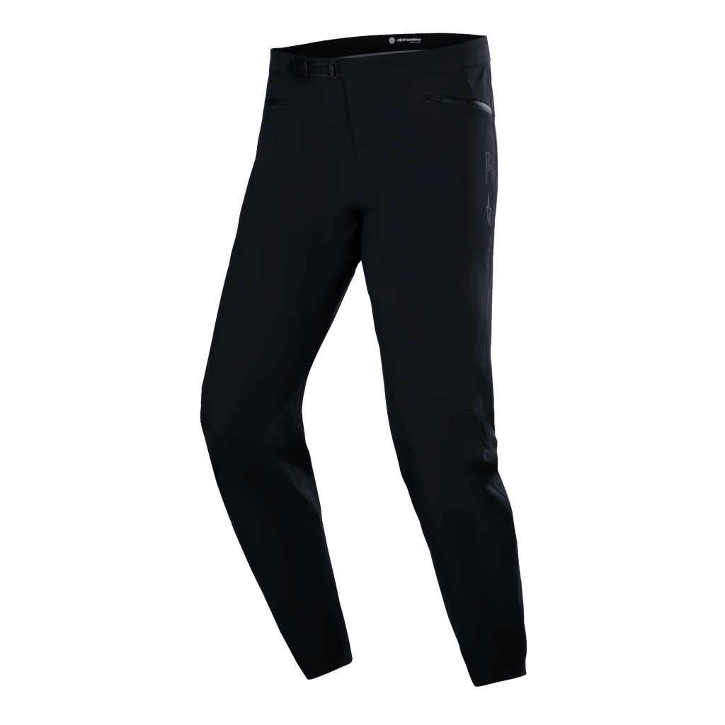Alpinestars A-Dura Waterproof Pants, MTB Cycling Pants, Black, technical slim-fit design with side zippered pockets and ratchet waist buckle, smooth waterproof fabric, minimalist performance gear for mountain biking