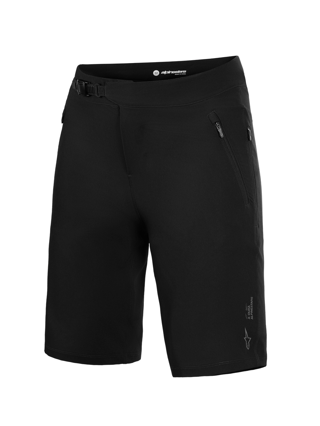 Black Alpinestars A-Dura Ride Shorts for MTB, featuring a ratchet closure and durable 4-way stretch woven fabric.