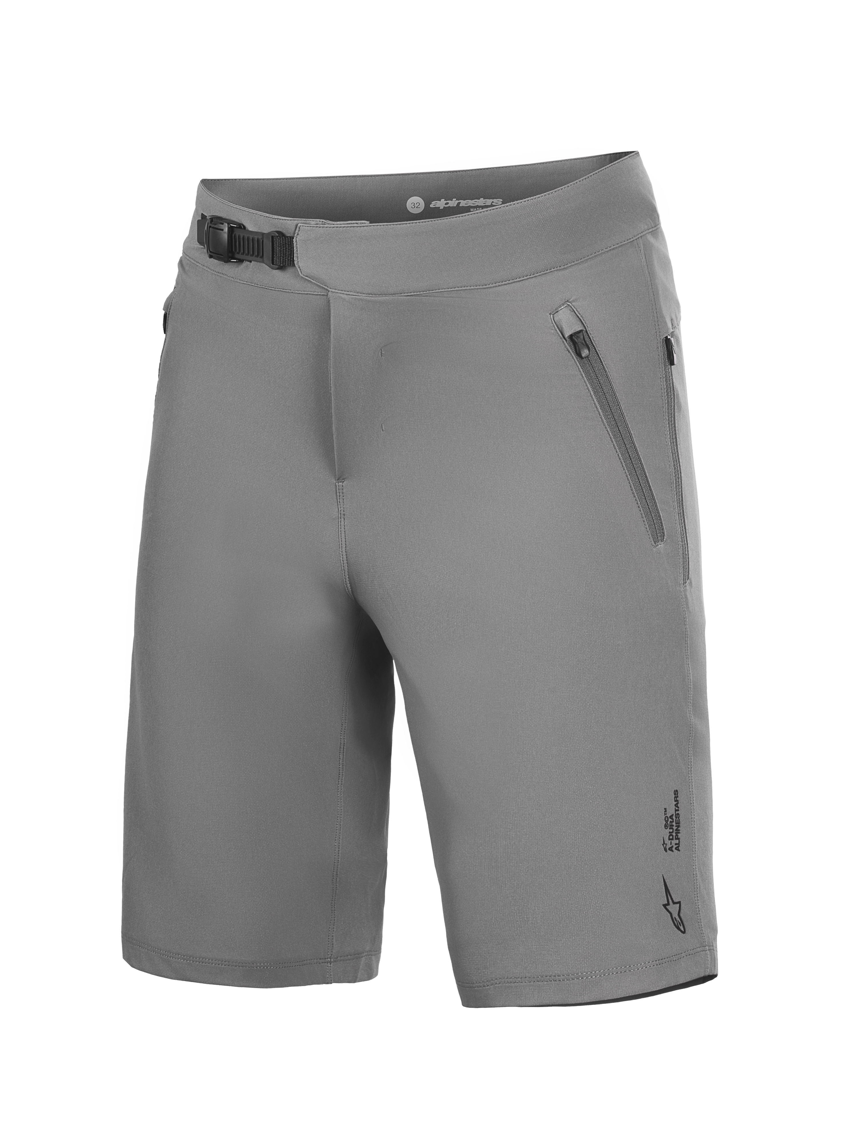 Gray A-Dura Ride MTB Shorts, 4-way stretch cycling gear with ratchet waist closure and zippered pockets.