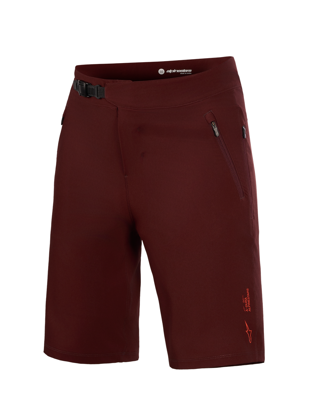 Alpinestars A-Dura Ride Liner Shorts in Bordeaux, MTB-Hose aus 4-Wege-Stretch mit Ratschenverschluss und Seitentaschen.