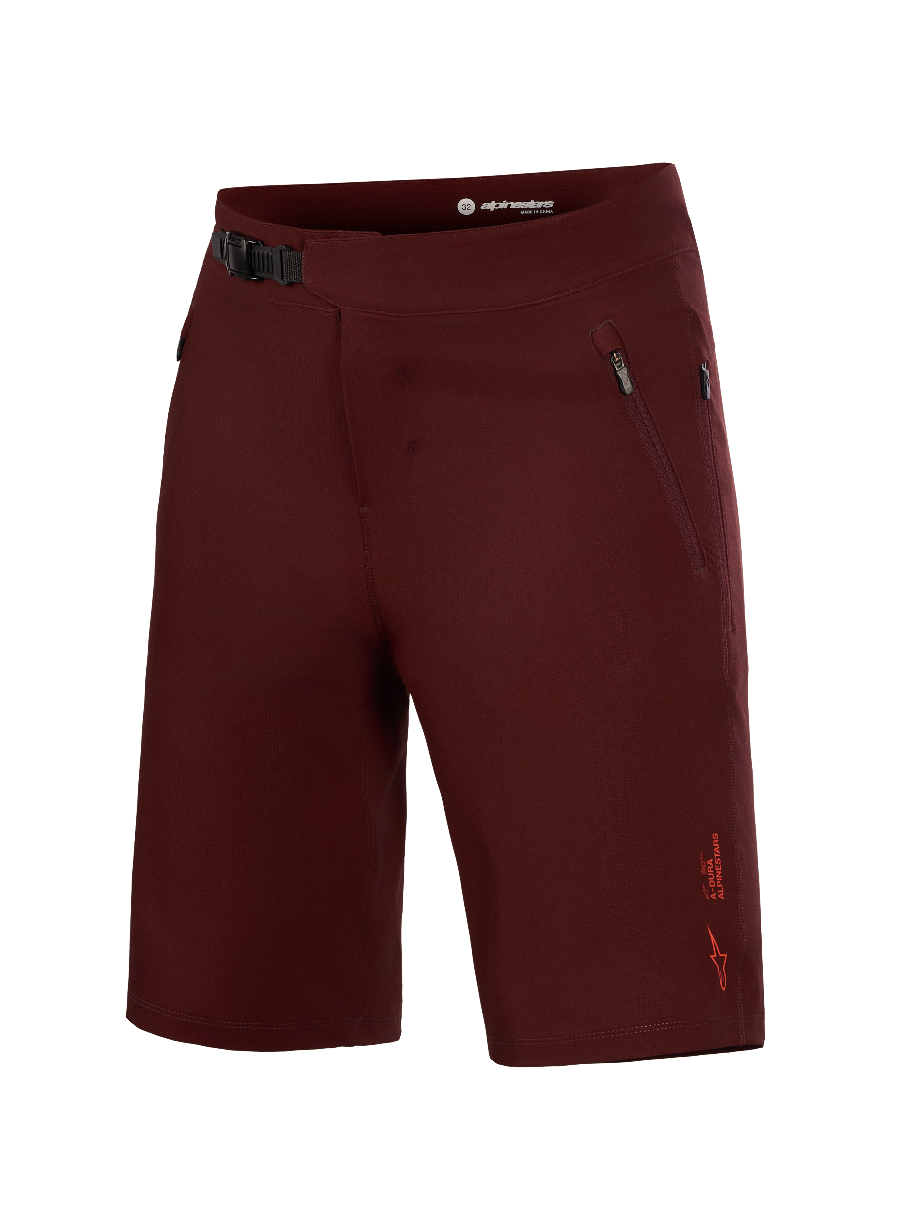 Alpinestars A-Dura Ride Liner Shorts in Bordeaux, MTB-Hose aus 4-Wege-Stretch mit Ratschenverschluss und Seitentaschen.