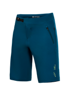 Blue green A-Dura Ride MTB shorts with a front ratchet closure system and small yellow Alpinestars logo on the leg.