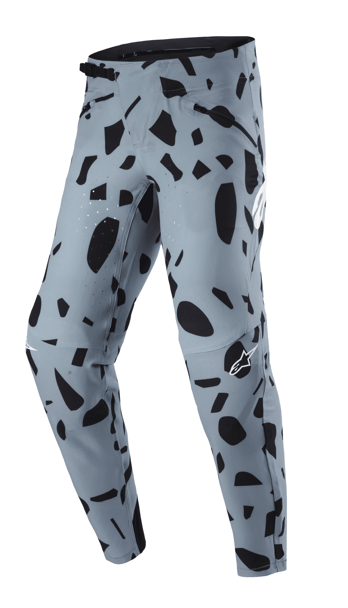 Alpinestars Techstar Envision Pants, MTB Pants, Ash Blue with black abstract pattern, featuring a ratchet waistband closure and zippered pockets, laser-perforated ventilation for breathability, designed for mountain bike riding