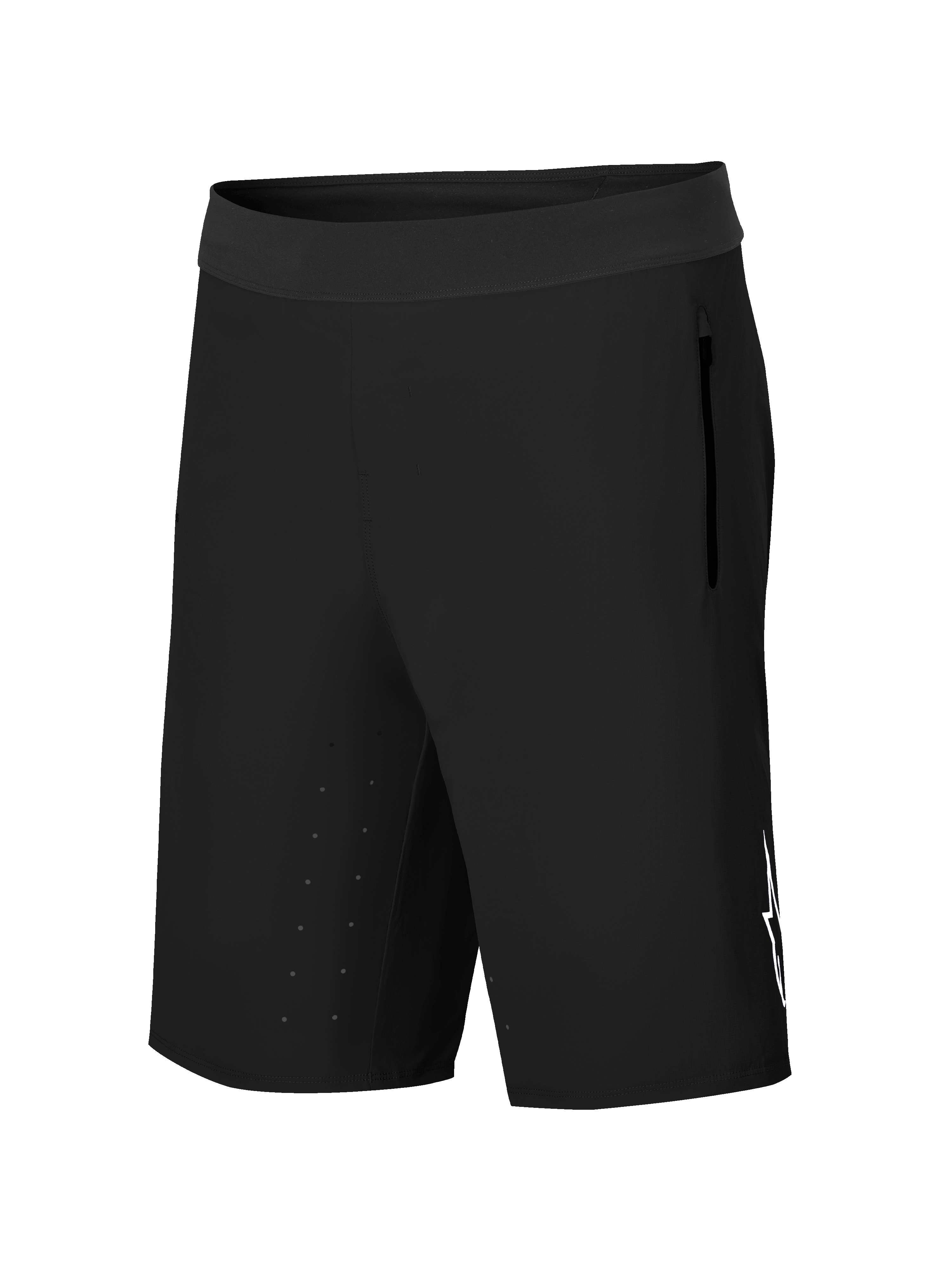 Alpinestars A-Aria Lite Shorts, Mountainbike-Shorts, Schwarz, mit breitem Bund, seitlicher Reißverschlusstasche, lasergeschnittenen Belüftungsöffnungen am Innenoberschenkel und weißem Astars-Logo, Performance-Trail-Ausrüstung