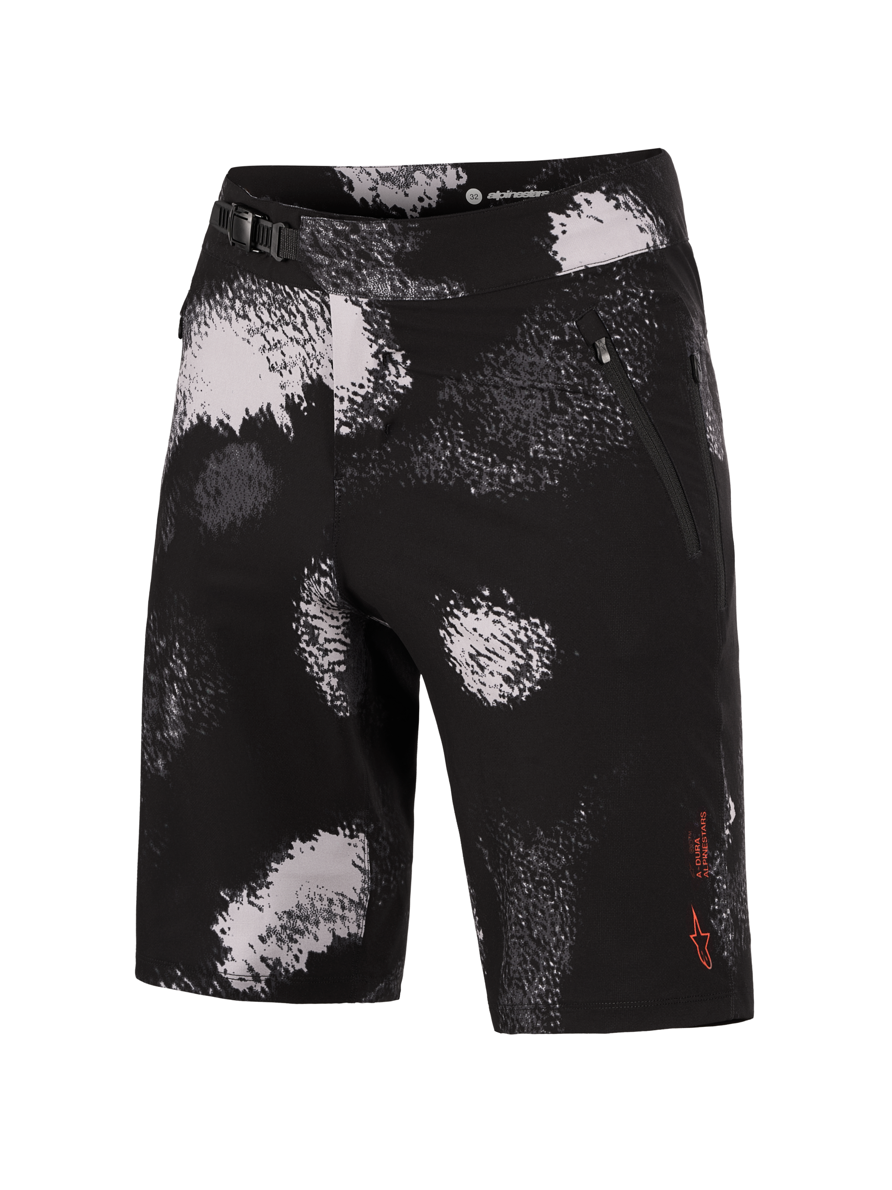 Alpinestars A-Dura Ride Shorts in Black Camo, strapazierfähige MTB-Shorts mit 4-Wege-Stretch und Ratschenverschluss.