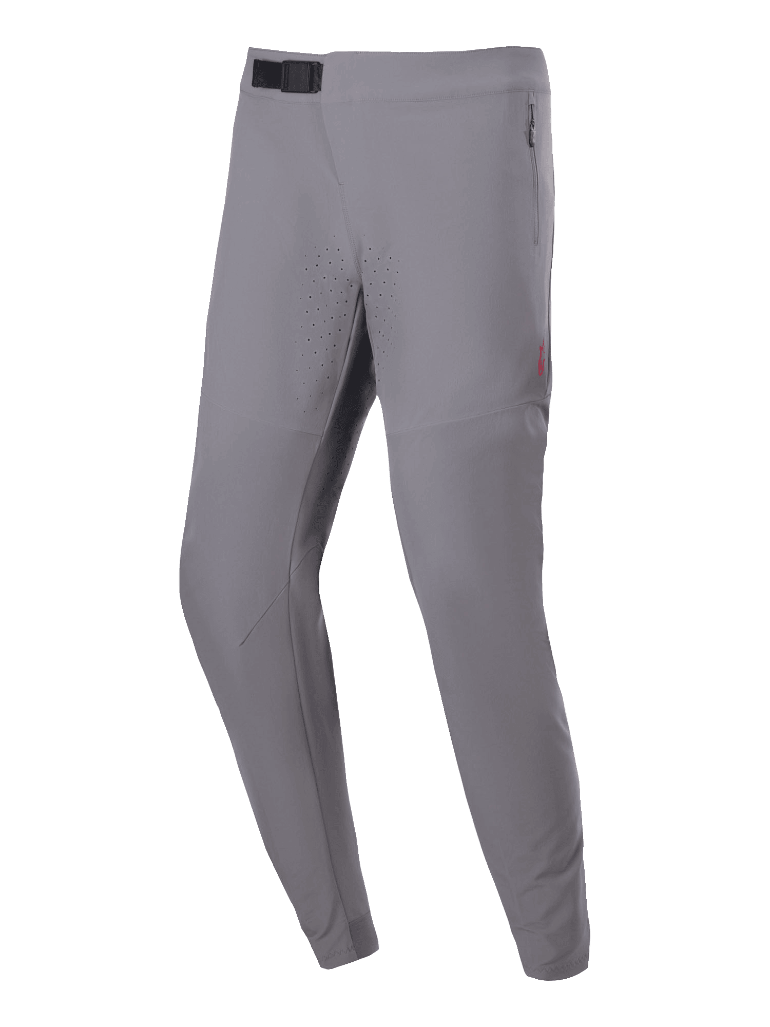 Alpinestars A-Aria Elite Pants, MTB Cycling Pants, Dark Gray, featuring laser-cut perforations on the thighs, black magnetic buckle closure at the waist, and zippered side pockets, performance fit for off-road trail riding