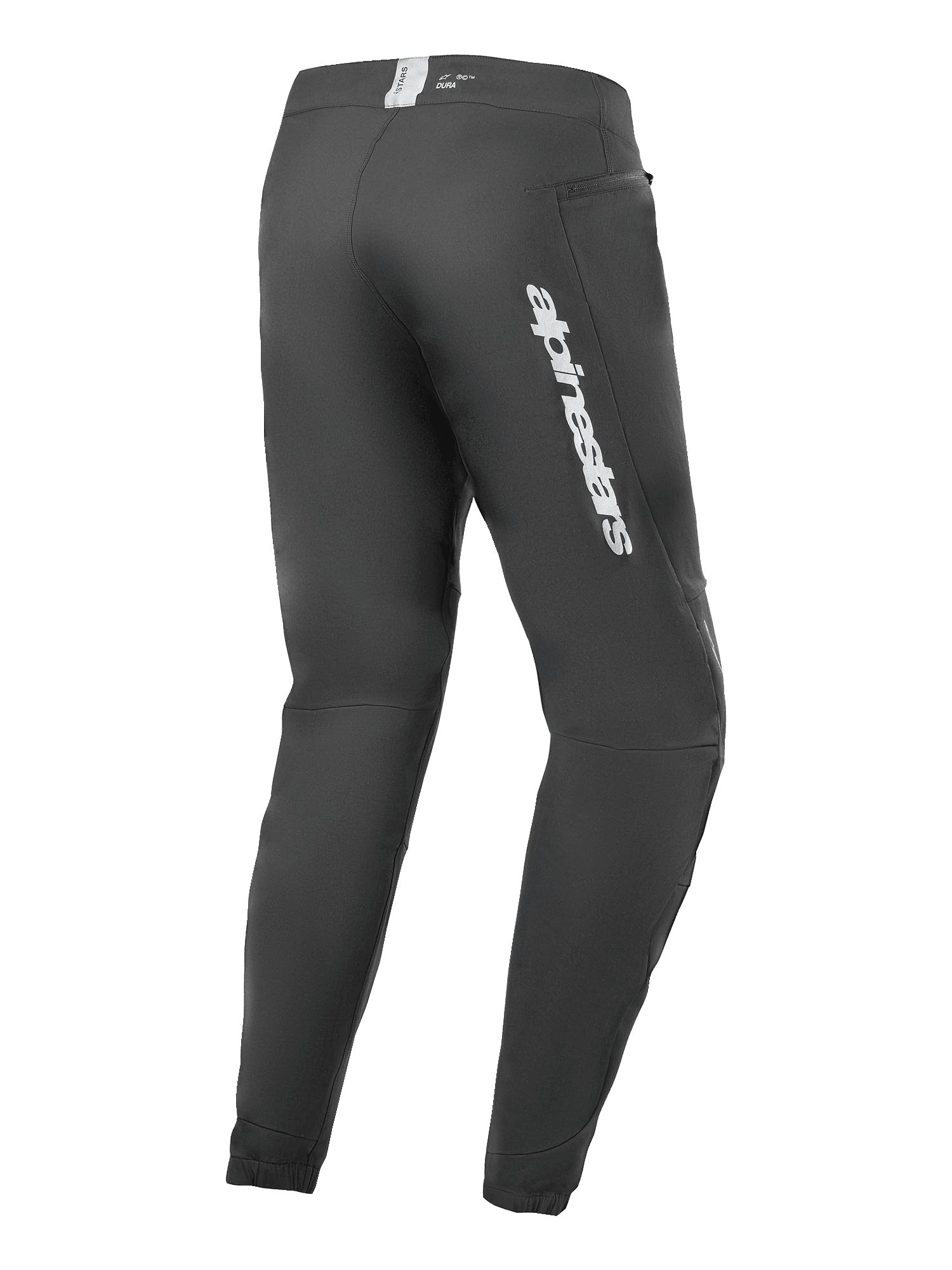 Alpinestars A-Dura Elite Pants, Mountain Bike Pants, Black, rear side view featuring silver Alpinestars branding on the thigh, zippered pocket, and elasticated cuffs, durable technical gear for MTB