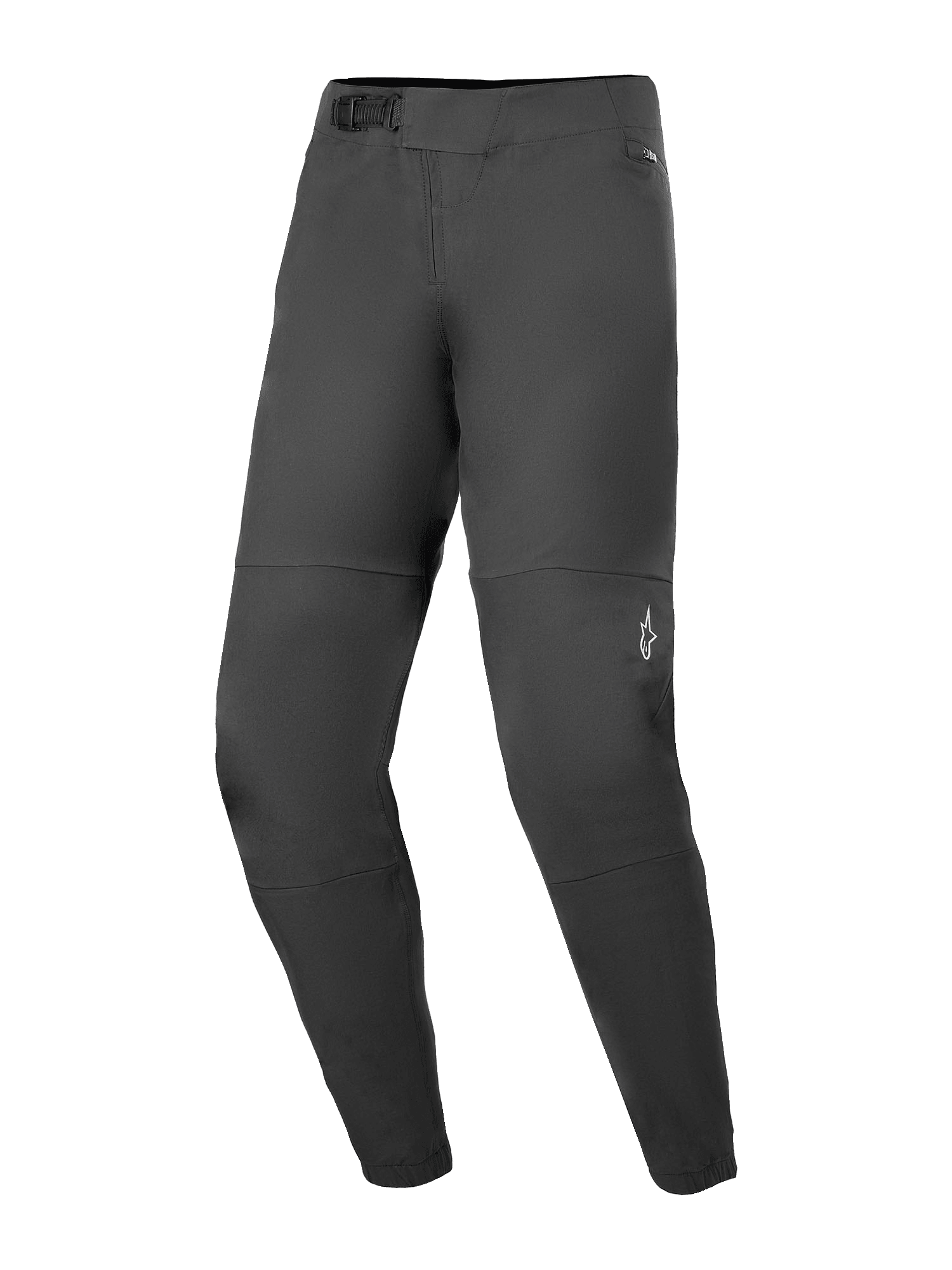 Alpinestars A-Dura Elite Pants, Mountain Bike Pants, Black, featuring a front ratchet closure system, zippered mesh-lined pockets, and elasticated cuffs, small white Alpinestars logo on the left leg, durable Cordura fabric design for off-road cycling.